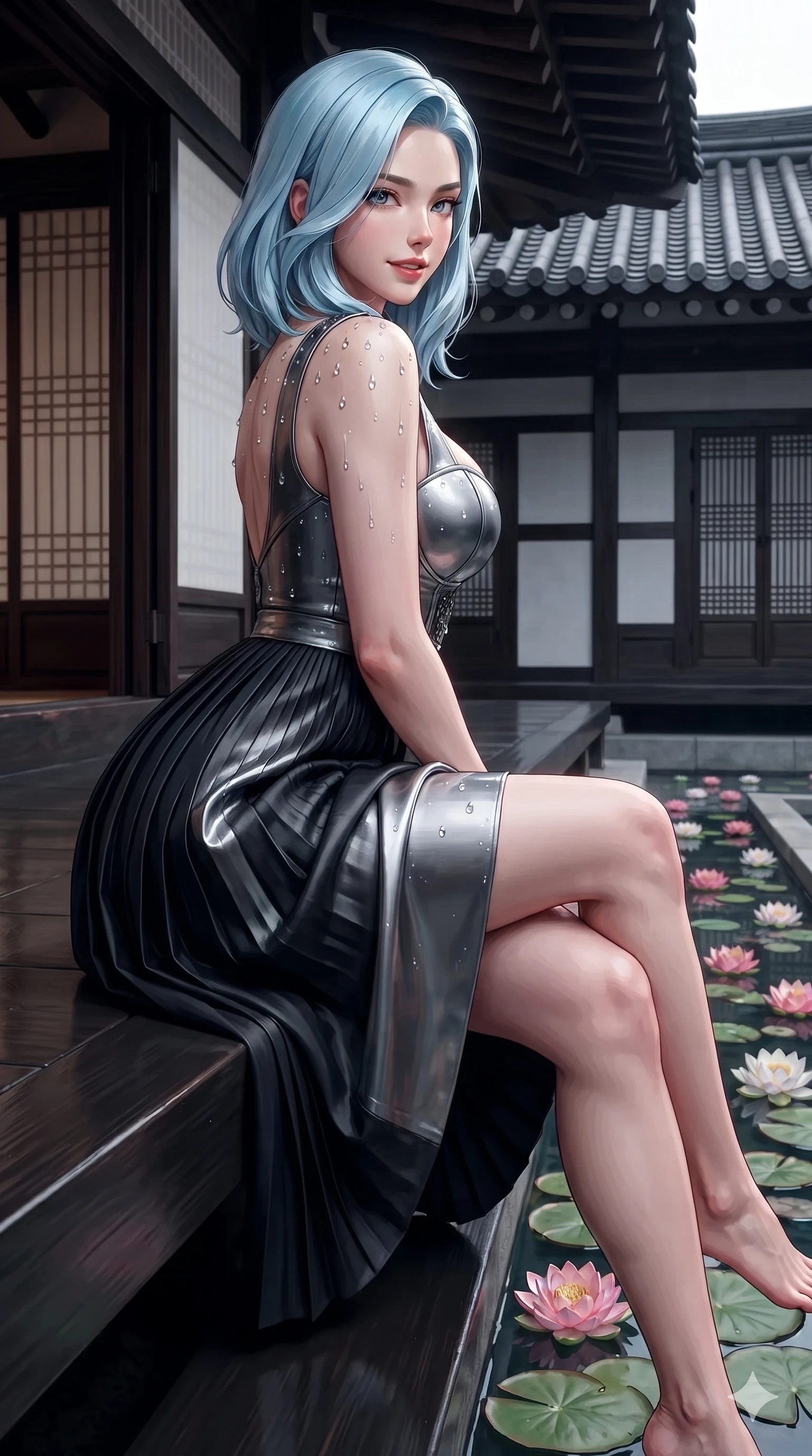 score_9, masterpiece, best quality, ultra-detailed, high-budget anime keyframe, editorial fashion photography, tasteful artistic composition, Korean woman. close-up cowboy shot from the waist and thighs up, the character dominates the composition, filling the frame with her large presence. twisting her slender torso in a deep contrapposto stance, hips dramatically shifted to accentuate her feminine curves while looking past her shoulder with smoldering bedroom-eyes while sitting perched on the lacquered veranda steps with legs crossed, arching her lower back with breathtaking siren grace as lotus blossoms drift below. The surrounding environment is rendered in vivid detail and crisp panoramic clarity: detailed fusion hanbok bustier tailoring, micro-pleated skirt drape, and palace architecture in razor-sharp clarity. She has an exceptionally elegant, slender, and willowy female figure with an ultra-slim waist, flat toned midriff, narrow ribcage, and sculpted feminine hips creating an alluring, slim hourglass silhouette without bulk. sharp v-shaped jawline, high-bridge nose, sparkling eyes with hypnotic seductive depth, thick curled eyelashes, glossy parted lips with a natural dewy peach sheen, alluring bedroom-eyes with an enchanting coquettish smile, exuding magnetic siren charisma and sophisticated glamour, flawlessly proportioned anatomical accuracy, strict slender model proportions, natural body alignment, perfectly sculpted long slender limbs, ultra-slim waistline, clean dynamic posture without body distortion. wearing a form-contouring off-shoulder modern hanbok midi dress with traditional curved neckline and low-back scoop in liquid mercury chrome and deep ink black, woven from bespoke Korean ramie fabric with crisp tactile slub texture, finished with glistening drops of night dew beading across her sculpted shoulders and flat midriff, the liquid-tight tailored fabric clinging flawlessly to her narrow waist and rounded feminine hips, emphasizing every millimeter of her sculpted slim hourglass curves without any bulky heaviness. illuminated by dark water reflection bounce and sharp silver-rose rim lights defining her razor-sharp jawline, narrow waist, and curvy hips. ultra-reflective glossy finish, specular highlights, rich textural contrasts, high-contrast stereoscopic depth, volumetric dynamic lighting, 2k, ultra detail, master piece, 9:16 ratio