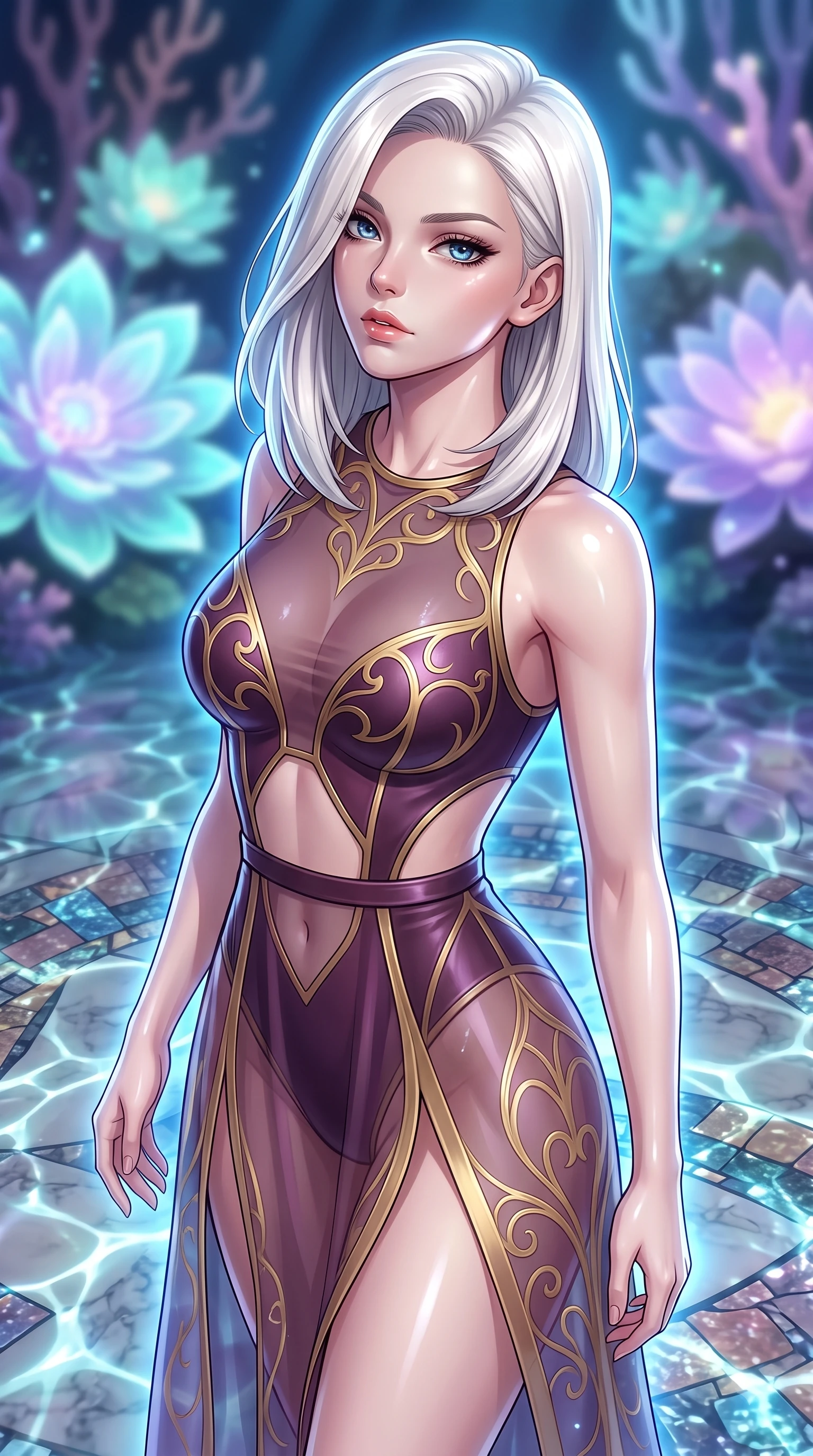 score_9, masterpiece, best quality, ultra-detailed, high-budget anime keyframe, editorial fashion photography, tasteful artistic composition, Caucasian woman. close-up cowboy shot from the waist and thighs up, the character dominates the composition, filling the frame with her large presence, background elements kept in soft focus. Tilting her chin up with composed magnetism as dramatic side lighting traces her sculpted waist and hip contour while gliding over a mosaic marble floor illuminated by shimmering underwater caustic ripples, glowing coral blossoms emitting soft aqua and lavender light in the background. She has an exceptionally elegant, slender, and willowy female figure with an ultra-slim waist, a gracefully sculpted slender torso, and a refined silhouette. sharp v-shaped jawline, high-bridge nose, intricate jewel-like eyes with depth, thick eyelashes, glossy lips with a natural sheen, flawlessly proportioned anatomical accuracy, natural body alignment, perfectly sculpted elegant limbs, clean dynamic posture without body distortion. wearing a semi-opaque sheer overlay dress over a leather micro-bodysuit in plum purple and gold filigree, formed from sleek second-skin neoprene, featuring subtle geometric cutouts that highlight her ultra-slim midriff, the sleek second-skin texture accentuating her magnetic presence. surrounded by a shimmering ocean aura with bright pearl-white specular rim lights. highly saturated vibrant anime colors, detailed shading with soft gradients, rich glossy textures, high-contrast stereoscopic depth, volumetric dynamic lighting, master piece, 9:16 ratio