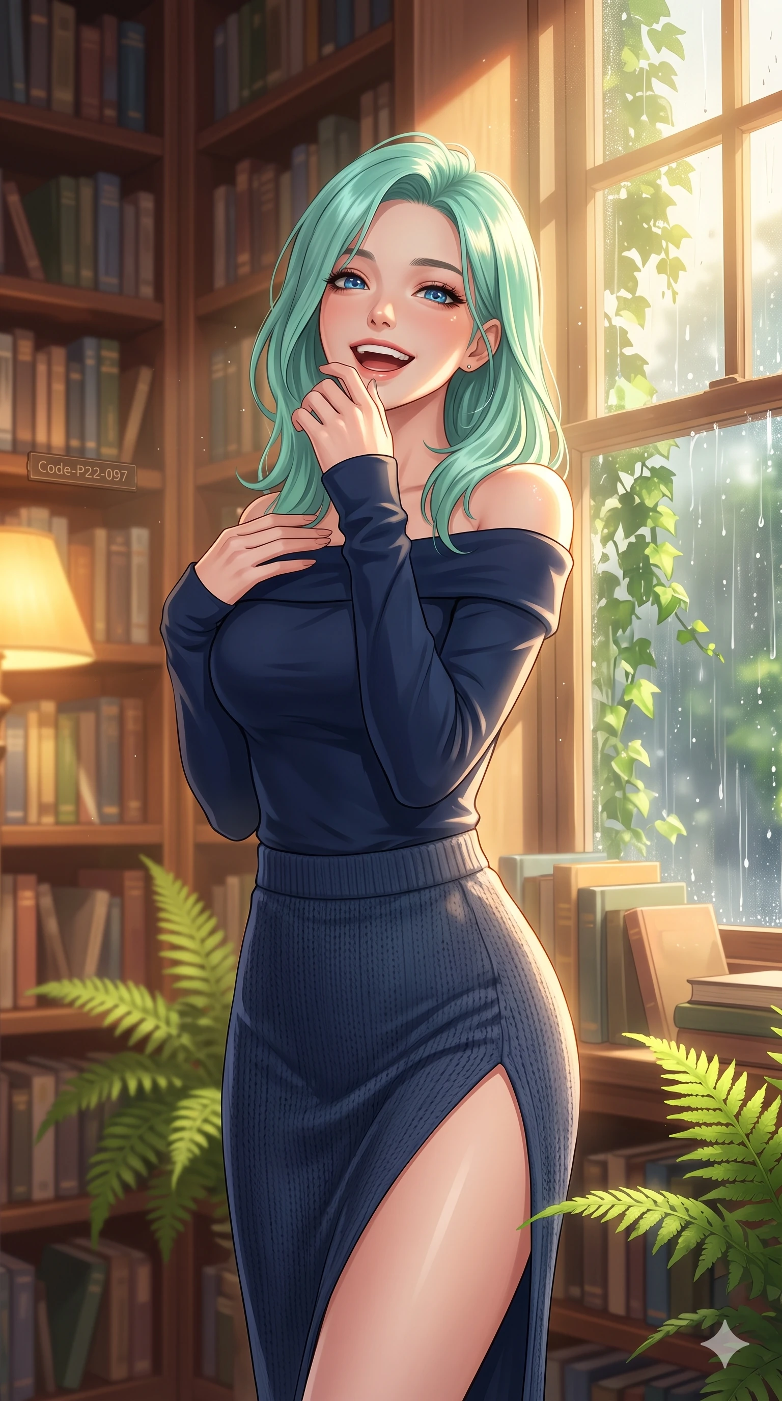 score_9, masterpiece, best quality, ultra-detailed, high-budget anime keyframe, vibrant anime aesthetic, Japanese woman. close-up cowboy shot from the waist and thighs up, the character dominates the composition, filling the frame with her large presence, background elements kept in soft focus. She is standing in a sun shower, looking up with a happy, laughing expression, gazing warmly at the viewer standing amidst vibrant green ferns. inside a cozy retro library corner with floor-to-ceiling bookshelves and a large window showing rain falling on green ivy (Code-P22-097). She has an absolutely perfect proportion, an exceptionally elegant and slender female figure with an ultra-slim waist. V-shaped jawline, high-bridge nose, intricate jewel-like eyes with depth, thick eyelashes, glossy lips with a natural sheen. wearing an off-shoulder long-sleeve shirt and a high-slit knit skirt in midnight blue. She is illuminated by warm interior lights of a retro bookstore, casting a cozy glow, casting clean highlights that trace her slim waist inside the glass pavilion. 2k, ultra detail, master piece, 9:16 ratio