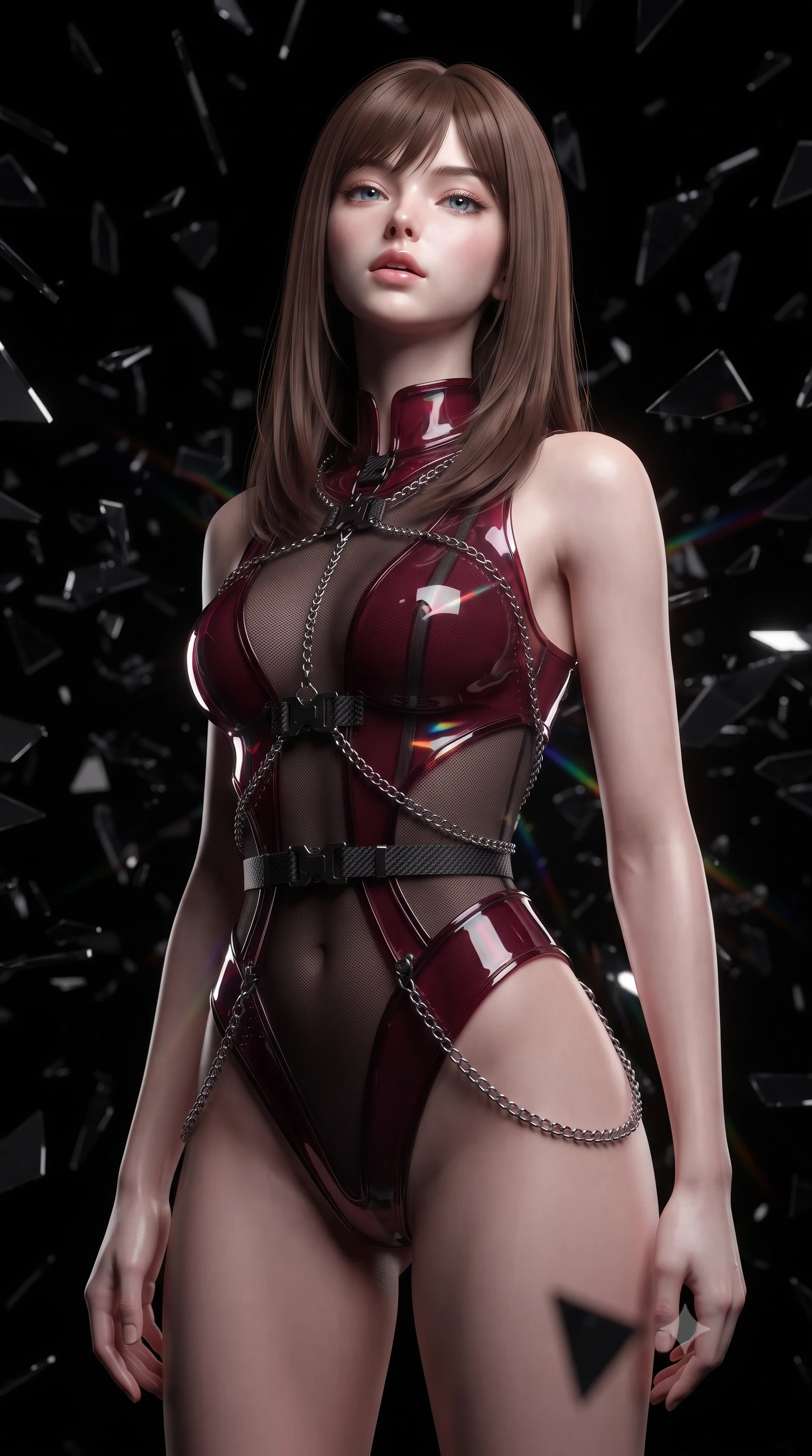 score_9, masterpiece, best quality, ultra-detailed, high-budget anime keyframe, editorial fashion photography, tasteful artistic composition, Korean woman. close-up cowboy shot from the waist and thighs up, the character dominates the composition, filling the frame with her large presence, background elements kept in soft focus. Tilting her chin up slightly with lips parted in a composed, mysterious expression, resting amidst a blizzard of floating dark mirror shards in a pitch-black void, infinite dark mirror reflections fading into deep obsidian shadows. She has an exceptionally elegant, slender, and willowy female figure with an ultra-slim waist, a gracefully sculpted slender torso, and a refined silhouette. sharp v-shaped jawline, high-bridge nose, intricate jewel-like eyes with depth, thick eyelashes, glossy lips with a natural sheen. wearing translucent liquid acrylic splash bodysuit with semi-opaque dark mesh in deep crimson burgundy, made of matte carbon-fiber weave, framed by dark titanium buckles and silver chain details, accentuating her gracefully sculpted slender torso. lit by a single piercing key ray refracting into multi-color dark spectrums. ultra-reflective glossy finish, specular highlights, metallic sheen, high-contrast stereoscopic depth, volumetric dynamic lighting, 2k, ultra detail, master piece, 9:16 ratio