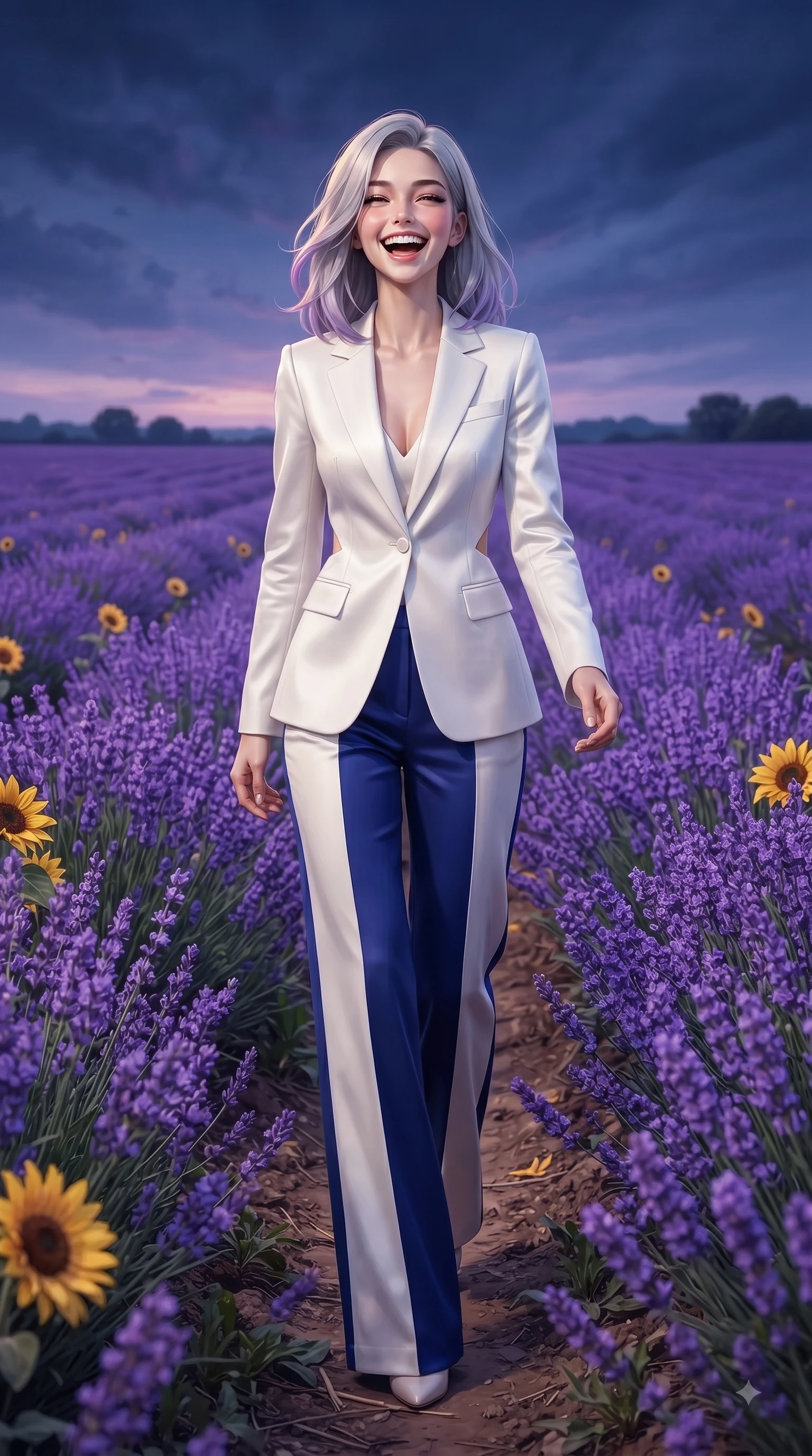 score_9, masterpiece, best quality, ultra-detailed, high-budget anime keyframe, editorial fashion photography, tasteful artistic composition, Caucasian woman. low angle full-body shot from head to toe showing her feet, filling the entire 9:16 vertical frame with her statuesque presence, stretching her vertical silhouette. Ecstatic joyful laughter with eyes crinkling in pure delight and vibrant energy filling her dynamic posture while walking gracefully through an endless field of blooming purple lavender under a twilight sky. The surrounding environment is rendered in vivid detail and crisp panoramic clarity. detailed lavender blossom spikes, golden sunflower petals, and rustic pathway dirt in crisp resolution. She has an absolutely perfect, statuesque 8.5-heads proportion, an exceptionally tall and slender model-like female figure with impossibly long slender legs and an ultra-slim waist. sharp v-shaped jawline, high-bridge nose, intricate jewel-like eyes with depth, thick eyelashes, glossy lips with a natural sheen, flawlessly proportioned anatomical accuracy, natural body alignment, perfectly sculpted elegant limbs, clean dynamic posture without body distortion. wearing a crisp monochrome white tailored suit jacket paired with wide-leg trousers in royal navy blue and pure ivory, crafted from smooth liquid silk satin, complemented by clean architectural seams and subtle cutouts, the sleek second-skin fit accentuating her magnetic presence. surrounded by a romantic, dreamy, and painterly nature editorial atmosphere. ultra-reflective glossy finish, specular highlights, metallic sheen, high-contrast stereoscopic depth, volumetric dynamic lighting, 2k, ultra detail, master piece, 9:16 ratio