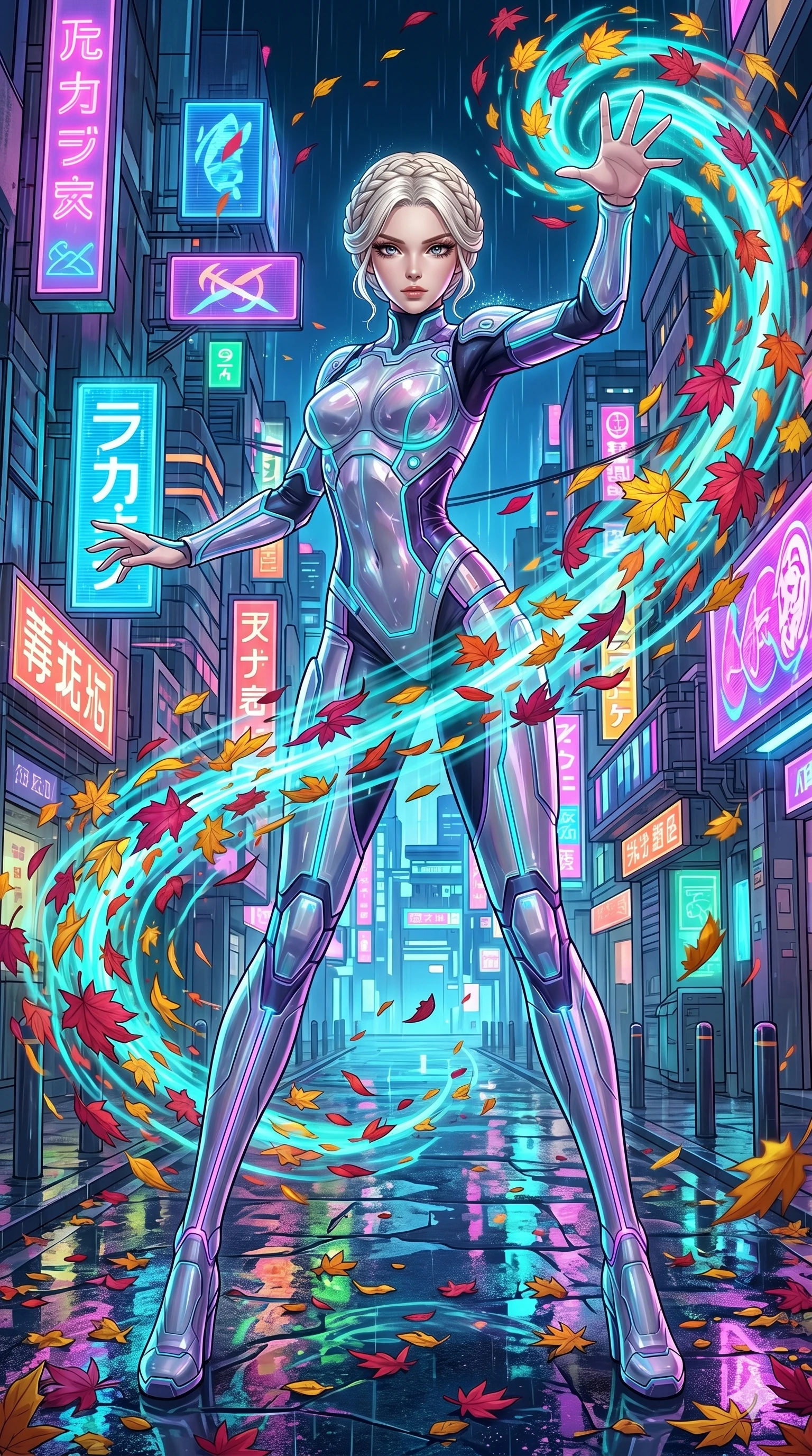 score_9, masterpiece, best quality, ultra-detailed, High-budget Anime Keyframe, beautiful Korean anime girl. Low angle cowboy shot filling the entire 9:16 frame with her statuesque presence. Summoning a vortex of colorful leaves in a futuristic Tokyo street with neon signs. She has an absolutely perfect 8-heads proportion, an exceptionally tall and slender female figure with impossibly long slender legs and an ultra-slim waist. Sharp v-shaped jawline, high-bridge nose, intricate jewel-like eyes with depth, thick eyelashes, glossy lips with a natural sheen. Wearing a Tech-Fantasy outfit: cybernetic tech-suit with glowing seams and translucent PVC. Background is a bright and colorful city street with vibrant neon, rain reflections, and swirling fall foliage. 2k, ultra detail, master piece, 9:16 ratio