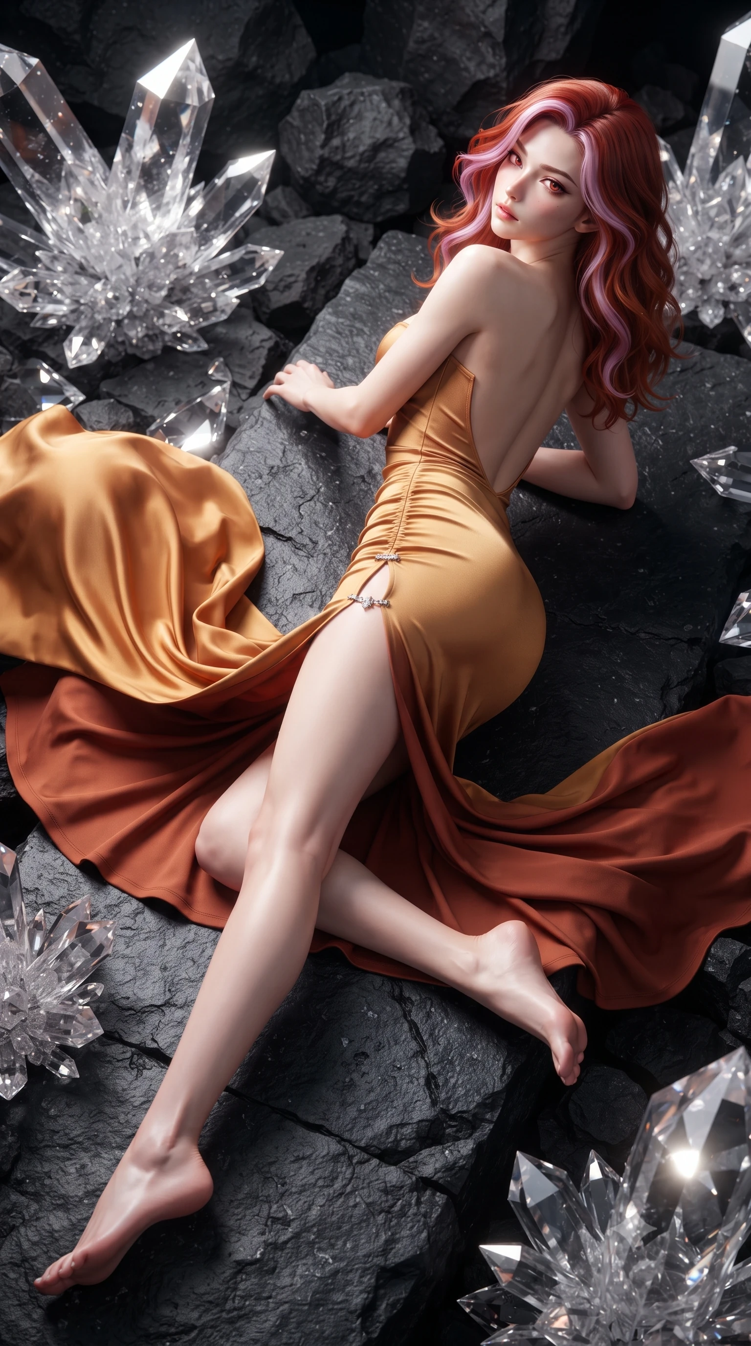 score_9, masterpiece, best quality, ultra-detailed, high-budget anime keyframe, editorial fashion photography, tasteful artistic composition, Caucasian woman. low angle full-body shot from head to toe showing her feet, filling the entire 9:16 vertical frame with her statuesque presence, stretching her vertical silhouette. executing an elegant mid-motion pivot turn as garments swirl around her slender limbs, glancing over her shoulder with an intoxicating bedroom-gaze while reclining across a black basalt viewing platform propped on one elbow, her slender waist and feminine curves sculpted by shimmering crystal refractions. The surrounding environment is rendered in vivid detail and crisp panoramic clarity. sharp crystal facet cleavages, basalt rock fractures, and titanium gantry bolt seams in deep focus. She has an exceptionally tall and slender model-like 8.5-heads proportion, an ultra-slim waist, a flat toned midriff, narrow delicate ribcage, and beautifully sculpted feminine hips creating a graceful, slim hourglass silhouette without any bulky heaviness, with impossibly long slender legs. sharp v-shaped jawline, high-bridge nose, intricate jewel-like eyes with depth, thick eyelashes, glossy parted lips with a natural sheen, intensely captivating and seductive bedroom-eyes expression, flawlessly proportioned anatomical accuracy, strict slender model proportions, natural body alignment, perfectly sculpted long slender limbs, ultra-slim waistline, clean dynamic posture without body distortion. wearing an ultra-fitted strapless bustier midi dress with side hip ruching and exposed spine in molten desert gold and burnt terracotta, tailored from liquid silk jersey adhering flawlessly to her slender build, finished with an ultra-high side slit secured by miniature jeweled clasps, the dramatically scooped open back descending to the base of her spine, accentuating her razor-sharp statuesque lines and slim hourglass silhouette. illuminated by dazzling crystal facet reflections sharply defining her sculpted collarbones, ultra-slim waist, and curvy hips. ultra-reflective glossy finish, specular highlights, rich textural contrasts, high-contrast stereoscopic depth, volumetric dynamic lighting, 2k, ultra detail, master piece, 9:16 ratio