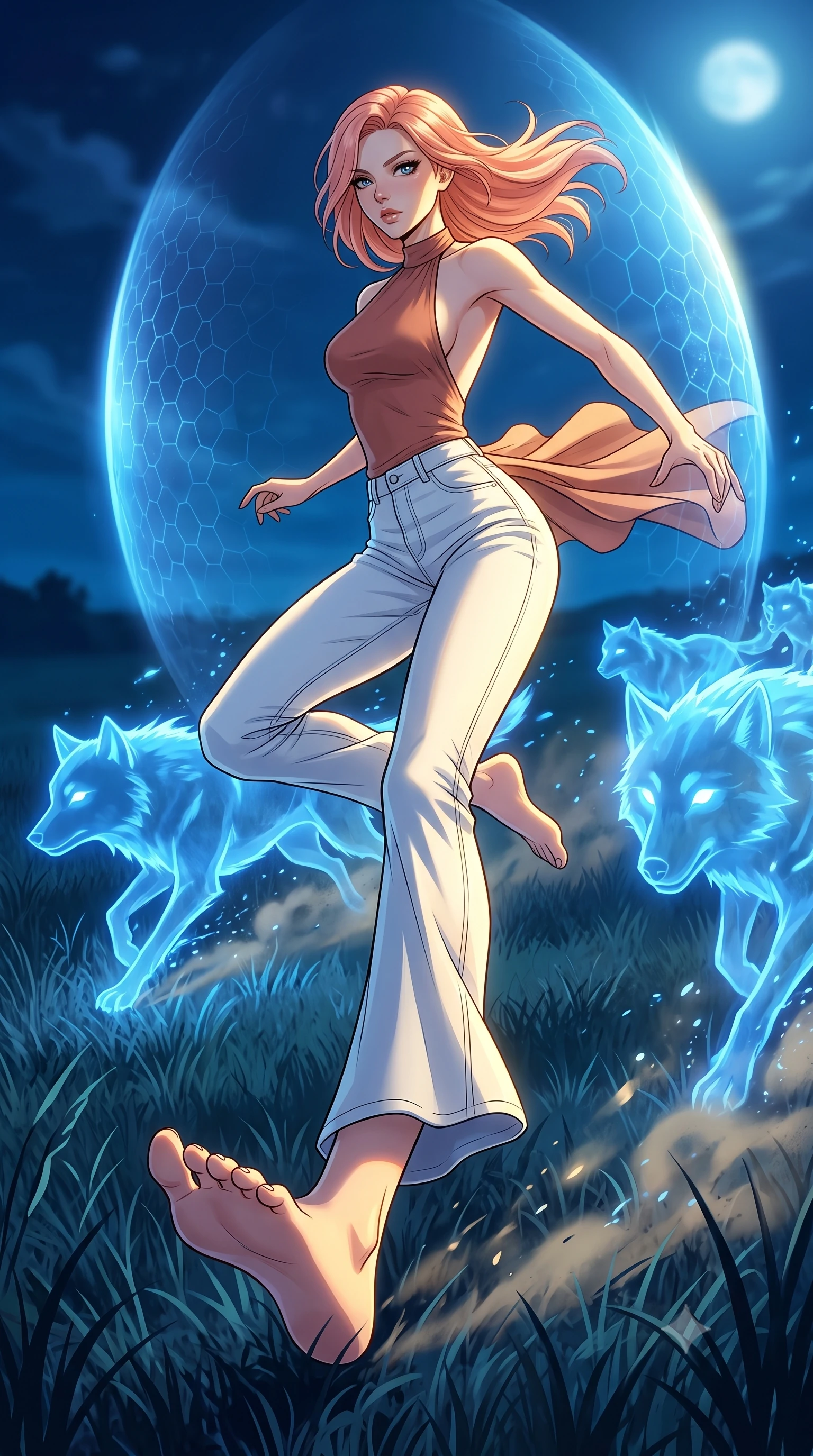 score_9, masterpiece, best quality, ultra-detailed, high-budget anime keyframe, clean line-art, cel-shading, Japanese woman. low angle full-body shot from head to toe showing her feet, filling the entire 9:16 vertical frame with her statuesque presence, stretching her vertical silhouette. dodging backward with feline agility while casting an energy barrier through a midnight grassy meadow, where translucent spirit wolves made of pure blue light run in packs around her. She has a statuesque 8.5-heads proportion, an exceptionally tall, slender and willowy model-like build with impossibly long legs and a highly sculpted ultra-slim waist. sharp v-shaped jawline, high-bridge nose, intricate jewel-like eyes with depth, thick eyelashes, glossy lips with a natural sheen. wearing the lightweight fabric rippling and billowing dramatically with her movement, a body-hugging backless halter-neck top in muted terracotta, paired with high-waisted white denim trousers. dramatic chiaroscuro with a single golden key light sculpting her silhouette. highly saturated vibrant anime colors, intense vivid color palette, volumetric dynamic lighting, 2k, ultra detail, master piece, 9:16 ratio