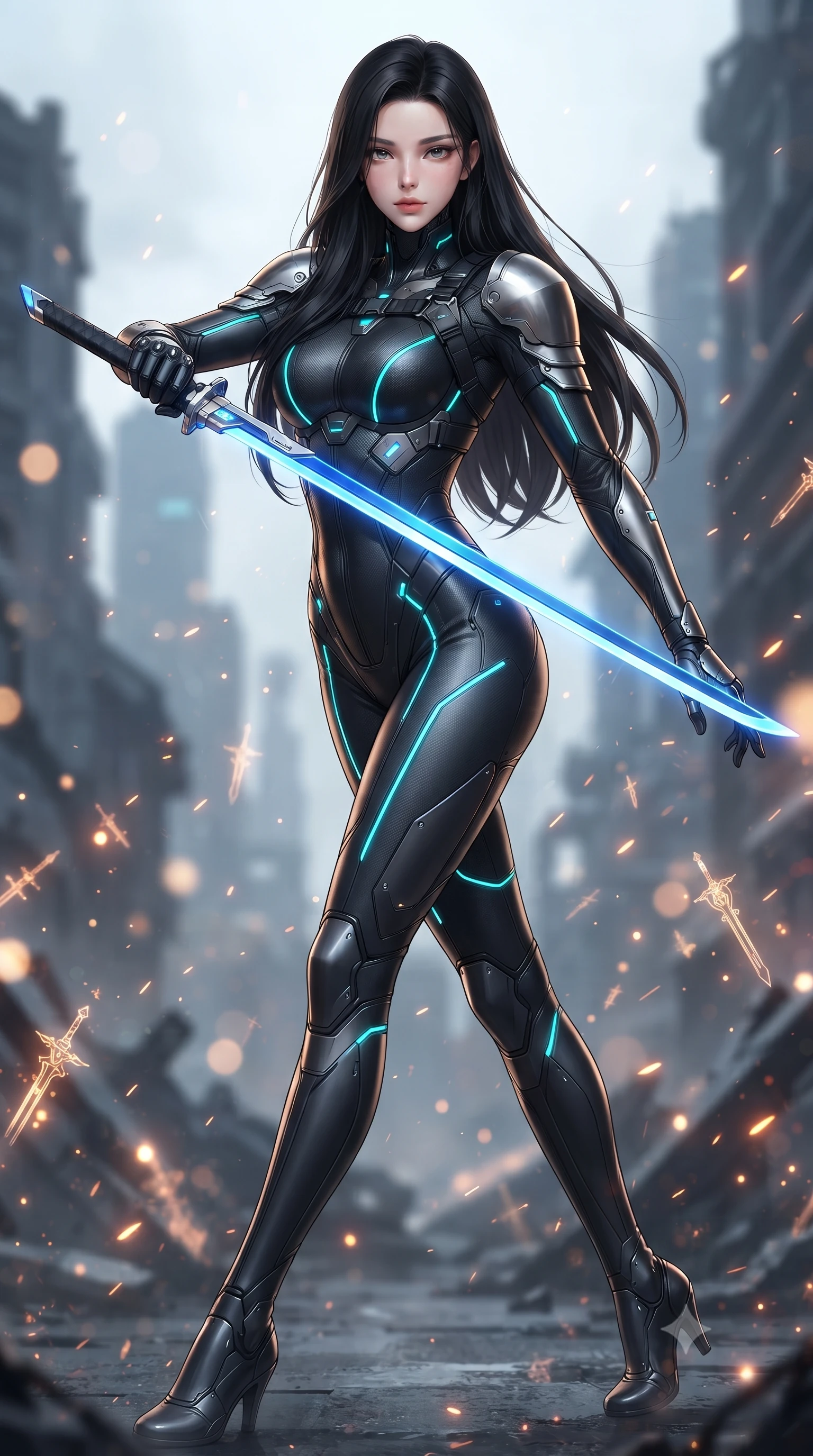 score_9, masterpiece, best quality, ultra-detailed, high-budget anime keyframe, editorial fashion photography, tasteful artistic composition, Korean woman. low angle full-body shot from head to toe showing her feet, filling the entire 9:16 vertical frame with her statuesque presence, stretching her vertical silhouette. striding forward with commanding supermodel grace, weapon held at the ready, her 8.5-heads statuesque silhouette dominating the vertical frame from head to toe while arching her spine in a fluid motion as glowing golden energy channels along the broad blade illuminate her sculpted torso. The composition keeps background elements in soft focus with creamy bokeh. sparks and glowing sword glyphs scattering radiant light motes across a ruined futuristic backdrop. She has an absolutely perfect, statuesque 8.5-heads proportion, an exceptionally tall and slender model-like female figure with impossibly long slender legs, a toned flat midriff, and an ultra-slim waist. sharp v-shaped jawline, high-bridge nose, intricate jewel-like eyes with depth, thick eyelashes, glossy lips with a natural sheen, flawlessly proportioned anatomical accuracy, strict slender model proportions, natural body alignment, perfectly sculpted long slender limbs, ultra-slim waistline, clean dynamic posture without body distortion. wearing an aerodynamic matte-black carbon-fiber bodysuit with glowing neon cyan conduit lines, reinforced by polished titanium pauldrons, wielding a sleek holographic plasma katana with a brilliant energy blade in electric cobalt blue carbon with polished platinum trim, crafted from semi-translucent cybernetic carbon-vinyl interwoven with glowing micro-filaments, reinforced by a sleek titanium tactical harness and glowing micro-energy straps, the glove-like aerodynamic second-skin fit tightly clinging to her ultra-slender waist and athletic curves without adding bulk, accentuating her razor-sharp statuesque lines and slim hourglass silhouette. bathed in warm golden arena searchlights and glowing greatsword energy channel radiance. ultra-reflective glossy finish, specular highlights, dark metallic sheen, high-contrast stereoscopic depth, volumetric dynamic lighting, 2k, ultra detail, master piece, 9:16 ratio