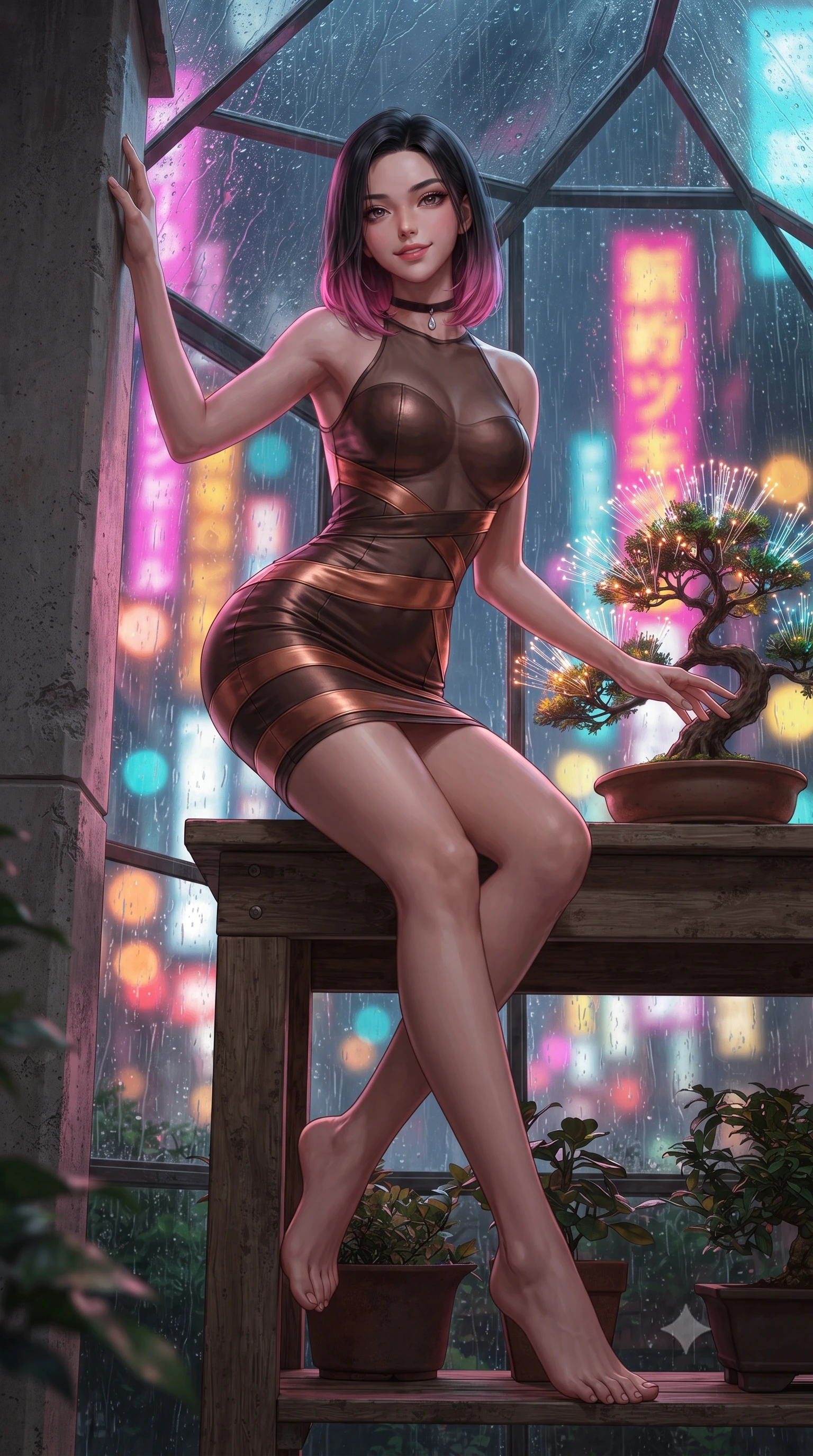 score_9, masterpiece, best quality, ultra-detailed, high-budget anime keyframe, editorial fashion photography, tasteful artistic composition, Korean woman. low angle full-body shot from head to toe showing her feet, filling the entire 9:16 vertical frame with her statuesque presence, stretching her vertical silhouette. standing tall beside the architectural column, one hand resting high while arching her lower back to emphasize her sculpted feminine hips and slender waist while sitting perched on the rustic wooden potting shelf with legs crossed, resting one hand on the bonsai pot with seductive bedroom-eyes. The background shows a soft-focus heavy cascading rain on pitched greenhouse glass, towering Shinjuku neon signs, and glowing fiber-optic bonsai needles blurred into magenta, amber, and cyan bokeh. She has an absolutely perfect, statuesque 8.5-heads proportion, an exceptionally tall and slender model-like female figure with impossibly long slender legs, an ultra-slim waist, a flat toned midriff, narrow delicate ribcage, and beautifully sculpted feminine hips creating a graceful, slim hourglass silhouette without any bulky heaviness. sharp v-shaped jawline, high-bridge nose, sparkling eyes with hypnotic seductive depth, thick curled eyelashes, glossy parted lips with a natural dewy peach sheen, alluring bedroom-eyes with an enchanting coquettish smile, exuding magnetic siren charisma and sophisticated glamour, flawlessly proportioned anatomical accuracy, strict slender model proportions, natural body alignment, perfectly sculpted long slender limbs, ultra-slim waistline, clean dynamic posture without body distortion. wearing a provocative high-neck sheer illusion cocktail dress with liquid satin ribbons contouring her curves in sultry espresso bronze and metallic copper, woven from buttery-soft stretch lambskin leather adhering to her body like a second skin, finished with a thin velvet ribbon choker and a single teardrop diamond pendant, the second-skin tailored fabric adhering flawlessly to her sculpted flat midriff and slender torso, emphasizing her long leg lines and perfectly proportioned willowy build. bathed in dynamic shifting multi-color neon light transmitted through rain-streaked exterior glass. ultra-reflective glossy finish, specular highlights, rich textural contrasts, high-contrast stereoscopic depth, volumetric dynamic lighting, 2k, ultra detail, master piece, 9:16 ratio