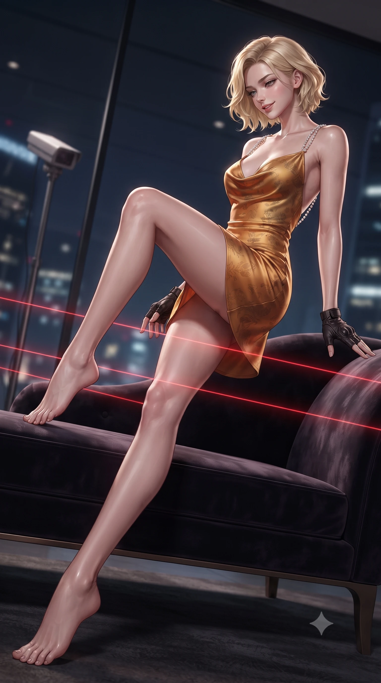 score_9, masterpiece, best quality, ultra-detailed, high-budget anime keyframe, editorial fashion photography, tasteful artistic composition, Caucasian woman. low angle full-body shot from head to toe showing her feet, filling the entire 9:16 vertical frame with her statuesque presence, stretching her vertical silhouette. reclining gracefully across the plush chaise lounge with one leg extended, her sculpted silhouette and flat midriff radiating magnetic nocturnal glamour while stepping over invisible infrared tripwire sensors with high-fashion dancer poise, arching her spine with sovereign cat-burglar grace. The background shows a soft-focus laser security sensor housings softened in luxury high-rise shallow focus. She has an absolutely perfect, statuesque 8.5-heads proportion, an exceptionally tall and slender model-like female figure with impossibly long slender legs, an ultra-slim waist, a flat toned midriff, narrow delicate ribcage, and beautifully sculpted feminine hips creating a graceful, slim hourglass silhouette without any bulky heaviness. sharp v-shaped jawline, high-bridge nose, sparkling eyes with hypnotic seductive depth, thick curled eyelashes, glossy parted lips with a natural dewy peach sheen, alluring bedroom-eyes with an enchanting coquettish smile, exuding magnetic siren charisma and sophisticated glamour, flawlessly proportioned anatomical accuracy, strict slender model proportions, natural body alignment, perfectly sculpted long slender limbs, ultra-slim waistline, clean dynamic posture without body distortion. wearing a low-cut draped cowl-back satin ballet slip mini dress with dainty pearl spaghetti straps in warm amber honey and antique gold leaf, tailored from fine ribbed modal knit with gentle elastic contouring and soft hand-feel, finished with fingerless matte leather tactical driving gloves with reinforced knuckles, the liquid-tight tailored fabric clinging flawlessly to her narrow waist and rounded feminine hips, emphasizing every millimeter of her sculpted slim hourglass curves without any bulky heaviness. illuminated by glass window reflection bounce and sharp platinum rim lights sculpting her jawline, ultra-slim waist, and curvy hips. ultra-reflective glossy finish, specular highlights, rich textural contrasts, high-contrast stereoscopic depth, volumetric dynamic lighting, 2k, ultra detail, master piece, 9:16 ratio