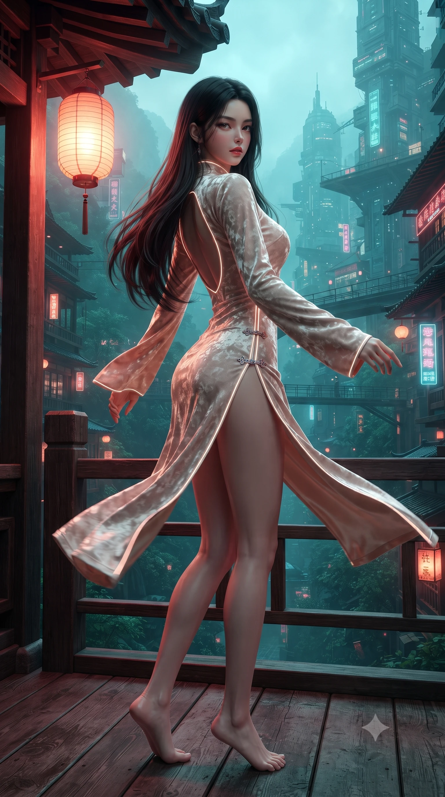score_9, masterpiece, best quality, ultra-detailed, high-budget anime keyframe, editorial fashion photography, tasteful artistic composition, Korean woman. low angle full-body shot from head to toe showing her feet, filling the entire 9:16 vertical frame with her statuesque presence, stretching her vertical silhouette. executing an elegant mid-motion pivot turn as garments swirl around her slender limbs, glancing over her shoulder with an intoxicating bedroom-gaze while twisting her slender torso in an alluring contrapposto stance beside a traditional tea pavilion, the cybernetic mountain metropolis glowing in the emerald valley below. The surrounding environment is rendered in vivid detail and crisp panoramic clarity. detailed dress fabric sheen, neon reflection clarity, and futuristic Jiufen mountain architecture in high resolution. She has an exceptionally tall and slender model-like 8.5-heads proportion, an ultra-slim waist, a flat toned midriff, narrow delicate ribcage, and beautifully sculpted feminine hips creating a graceful, slim hourglass silhouette without any bulky heaviness, with impossibly long slender legs. sharp v-shaped jawline, high-bridge nose, intricate jewel-like eyes with depth, thick eyelashes, glossy parted lips with a natural sheen, intensely captivating and seductive bedroom-eyes expression, flawlessly proportioned anatomical accuracy, strict slender model proportions, natural body alignment, perfectly sculpted long slender limbs, ultra-slim waistline, clean dynamic posture without body distortion. wearing a modernized cyber-qipao mini dress with an ultra-high side slit ascending to the hip and glowing piping in vintage champagne ivory and delicate rose gold, crafted from heavyweight crushed silk velvet with liquid vintage luster, finished with an ultra-high side slit secured by miniature jeweled clasps, the precision-cut side openings and low-back scoop framing her graceful spine and the sensual sweep of her slim, toned hips. bathed in rich crimson and amber lantern underlights contrasting with cool cyan mountain mist ambient fill. ultra-reflective glossy finish, specular highlights, rich textural contrasts, high-contrast stereoscopic depth, volumetric dynamic lighting, 2k, ultra detail, master piece, 9:16 ratio