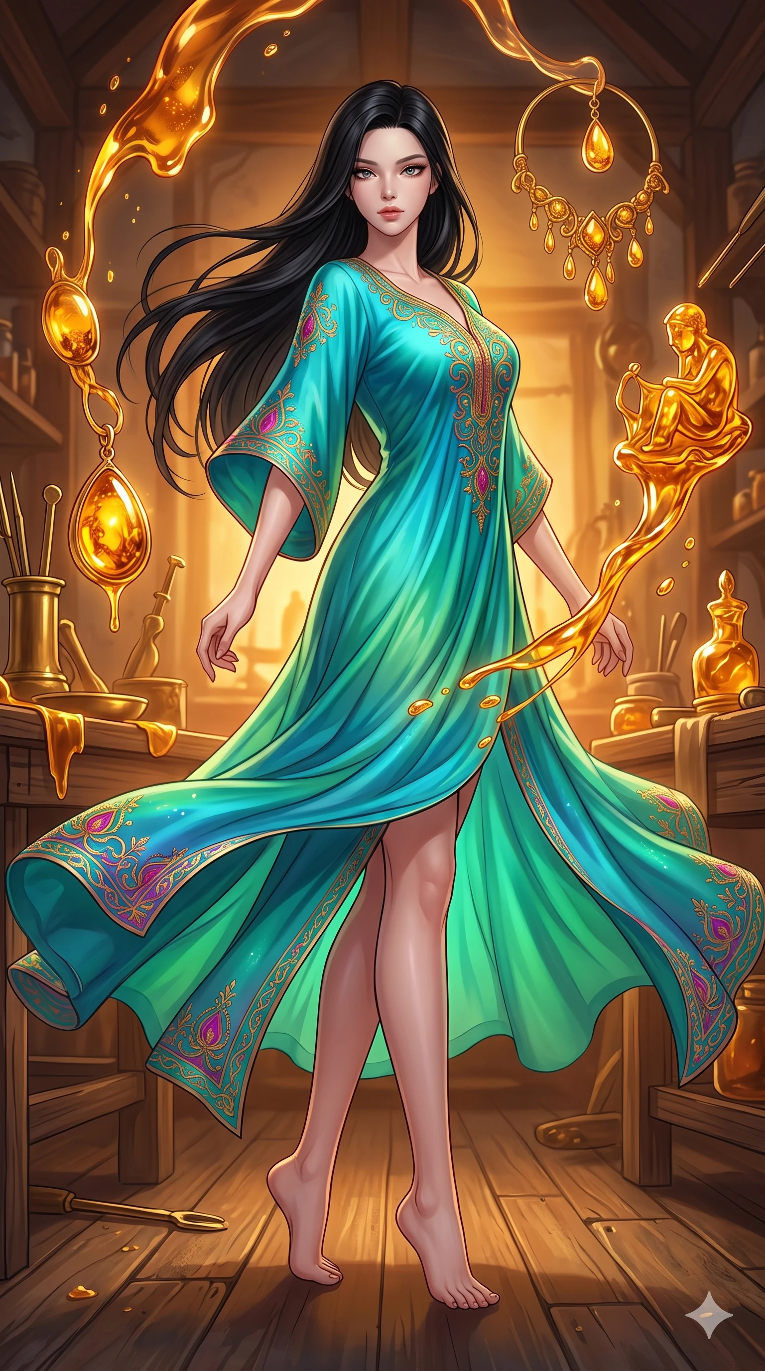 score_9, masterpiece, best quality, ultra-detailed, high-budget anime keyframe, editorial fashion photography, tasteful artistic composition, Korean woman. low angle full-body shot from head to toe showing her feet, filling the entire 9:16 vertical frame with her statuesque presence, stretching her vertical silhouette. twirling with balletic elegance inside an artisan workshop where liquid amber is shaped mid-air by invisible hands into intricate jewelry and miniature sculptures each piece trapping golden light within its translucent honey-colored form. She has a statuesque 8.5-heads proportion, an exceptionally tall, slender and willowy model-like build with impossibly long legs and a highly sculpted ultra-slim waist. sharp v-shaped jawline, high-bridge nose, intricate jewel-like eyes with depth, thick eyelashes, glossy lips with a natural sheen. wearing a flowing silk kaftan dress in a vibrant turquoise and emerald gradient, decorated with intricate gold and magenta embroidery. rich warm amber light emanating from the molten material itself with golden honey-toned illumination filling the workshop and catching on brass tools and wooden surfaces. 2k, ultra detail, master piece, 9:16 ratio