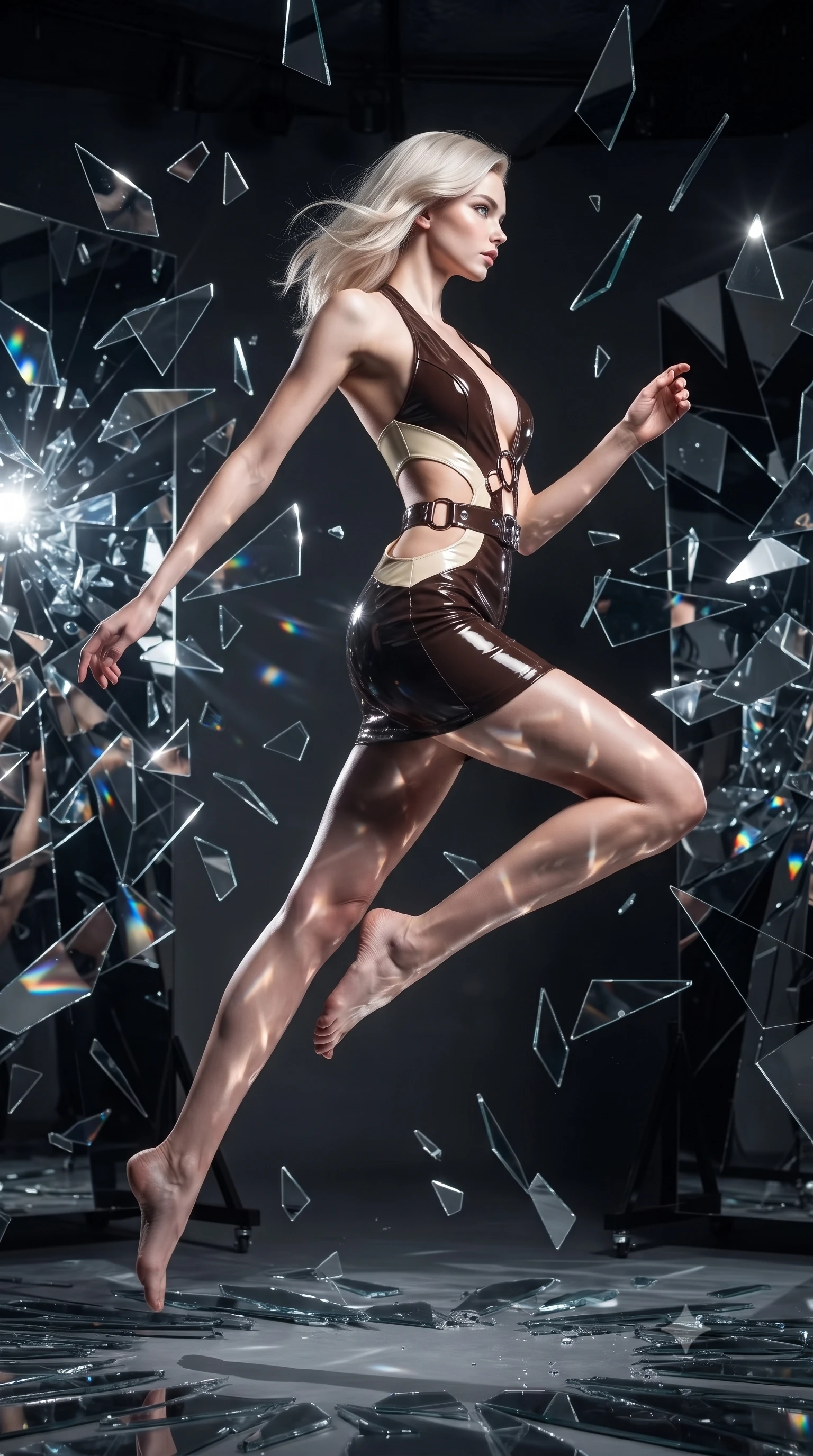 score_9, masterpiece, best quality, ultra-detailed, high-budget anime keyframe, editorial fashion photography, tasteful artistic composition, Caucasian woman. low angle full-body shot from head to toe showing her feet, filling the entire 9:16 vertical frame with her statuesque presence, stretching her vertical silhouette. leaping gracefully through mid-air with statuesque elegance, her impossibly long slender legs stretched in perfect balance while turning in a sharp dynamic profile while surrounded by rotating shattered mirror shards, a kaleidoscope of refractions forming geometric light patterns on her skin. She has an absolutely perfect, statuesque 8.5-heads proportion, an exceptionally tall and slender model-like female figure with impossibly long slender legs and an ultra-slim waist. sharp v-shaped jawline, high-bridge nose, intricate jewel-like eyes with depth, thick eyelashes, glossy lips with a natural sheen, flawlessly proportioned anatomical accuracy, natural body alignment, perfectly sculpted elegant limbs, clean dynamic posture without body distortion. wearing a deep-scoop halter bodycon dress with hip cutouts connected by silver rings in espresso brown and warm cream, tailored from high-gloss patent leather, detailed with polished silver buckles along the waistline, the sleek second-skin texture accentuating her magnetic presence. illuminated by high-contrast studio spotlights with sharp specular highlights. ultra-reflective glossy finish, specular highlights, metallic sheen, high-contrast stereoscopic depth, volumetric dynamic lighting, 2k, ultra detail, master piece, 9:16 ratio