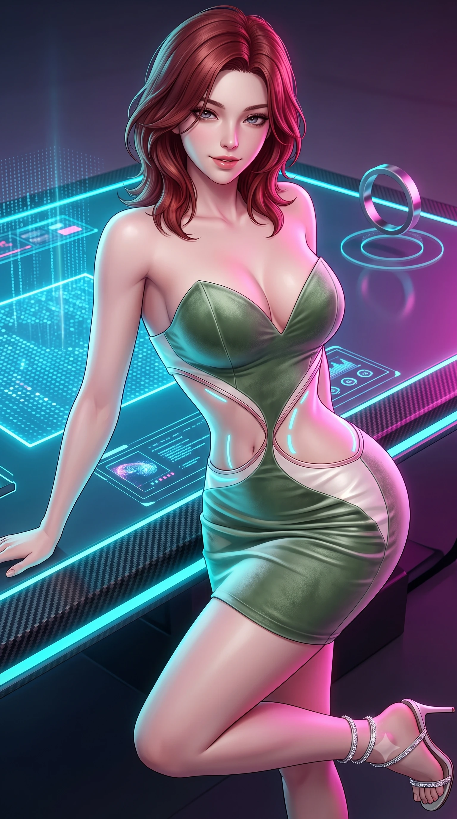 score_9, masterpiece, best quality, ultra-detailed, high-budget anime keyframe, semi-realistic 3D game render, editorial fashion photography, tasteful artistic composition, Korean woman. close-up cowboy shot from the waist and thighs up, the character dominates the composition, filling the frame with her large presence. leaning forward while arching her lower back to accentuate her curvy hips, looking into the camera with an intoxicating smoldering gaze and bedroom-eyes while twisting her slender torso in an alluring S-curve, pulsing cybernetic table lights tracing her flat midriff, narrow waist, and curvy hips. The surrounding environment is rendered in vivid detail and crisp panoramic clarity: sharp holographic projection pixel matrix, carbon-fiber table edge trim, and levitating shuffler magnetic ring in deep focus. She has an exceptionally elegant, slender, and willowy female figure with an ultra-slim waist, flat toned midriff, narrow ribcage, and sculpted feminine hips creating an alluring, slim hourglass silhouette without bulk. sharp v-shaped jawline, high-bridge nose, sparkling eyes with hypnotic seductive depth, thick curled eyelashes, glossy parted lips with a natural dewy peach sheen, alluring bedroom-eyes with an enchanting coquettish smile, exuding magnetic siren charisma and sophisticated glamour, flawlessly proportioned anatomical accuracy, strict slender model proportions, natural body alignment, perfectly sculpted long slender limbs, ultra-slim waistline, clean dynamic posture without body distortion. wearing a deep sweetheart-neckline velvet bodycon dress with sheer side-torso cutouts accentuating her hourglass curves in botanical sage green and pure pearlescent ivory with rose trims, woven from buttery-soft stretch lambskin leather adhering to her body like a second skin, complemented by strappy stiletto sandals with crystal ankle wraps accentuating her slender calves, the precision-cut side openings and low-back scoop framing her graceful spine and the sensual sweep of her slim, toned hips. bathed in vibrant cyan and magenta light radiating directly from embedded table displays. highly saturated vibrant anime colors, detailed shading with soft gradients, rich glossy textures, high-contrast stereoscopic depth, volumetric dynamic lighting, master piece, 9:16 ratio