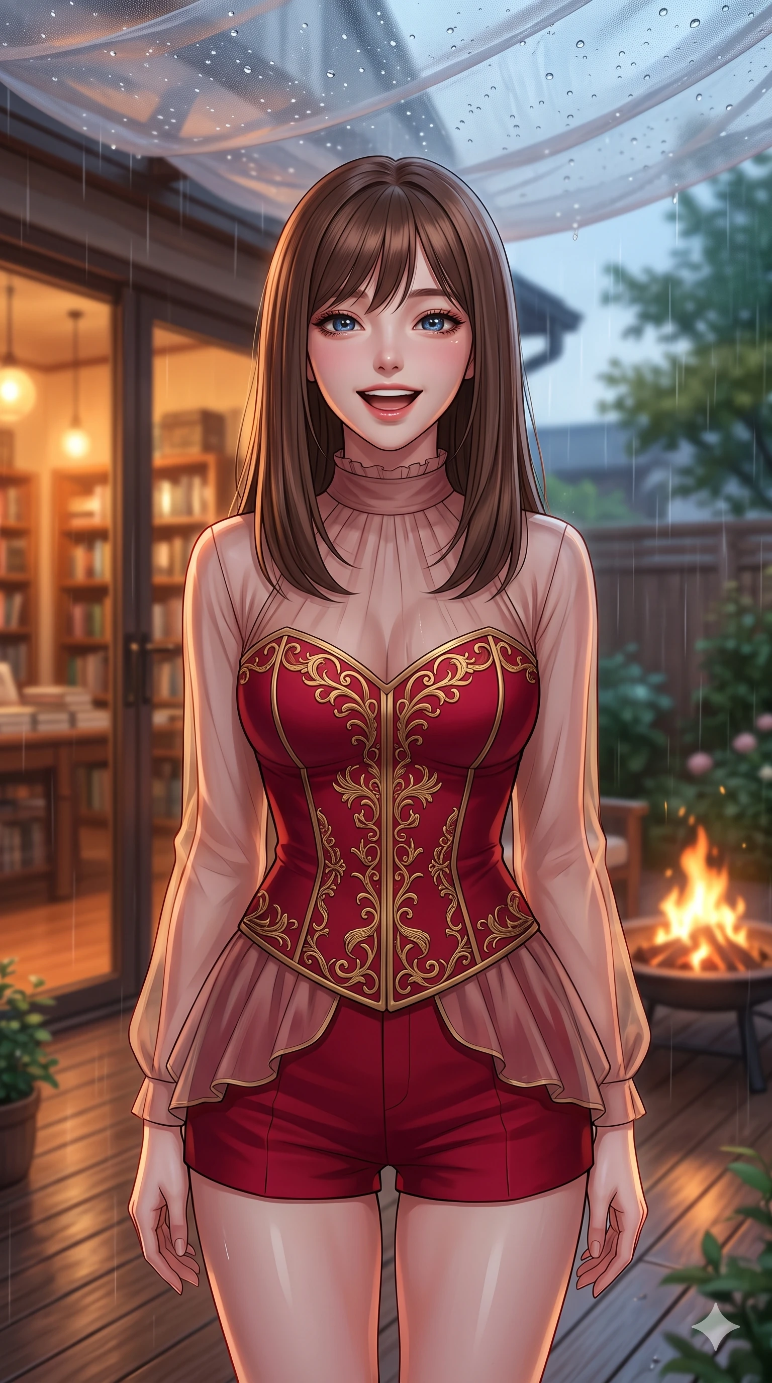 score_9, masterpiece, best quality, ultra-detailed, high-budget anime keyframe, vibrant anime aesthetic, Korean woman. close-up cowboy shot from the waist and thighs up, the character dominates the composition, filling the frame with her large presence, background elements kept in soft focus. She is standing in a sun shower, looking up with a happy, laughing expression, gazing warmly at the viewer with a relaxed and elegant posture. the background shows a soft-focus private terrace with a warm outdoor fire pit, under a translucent canopy during a cool rain shower (Code-P22-137). She has an absolutely perfect proportion, an exceptionally elegant and slender female figure with an ultra-slim waist. V-shaped jawline, high-bridge nose, intricate jewel-like eyes with depth, thick eyelashes, glossy lips with a natural sheen. wearing a custom structured bodice combined with a delicate chiffon cover-up and shorts in ruby red and gold accents. She is illuminated by warm interior lights of a retro bookstore, casting a cozy glow, casting clean highlights that trace her slim waist on the outdoor wooden terrace. 2k, ultra detail, master piece, 9:16 ratio