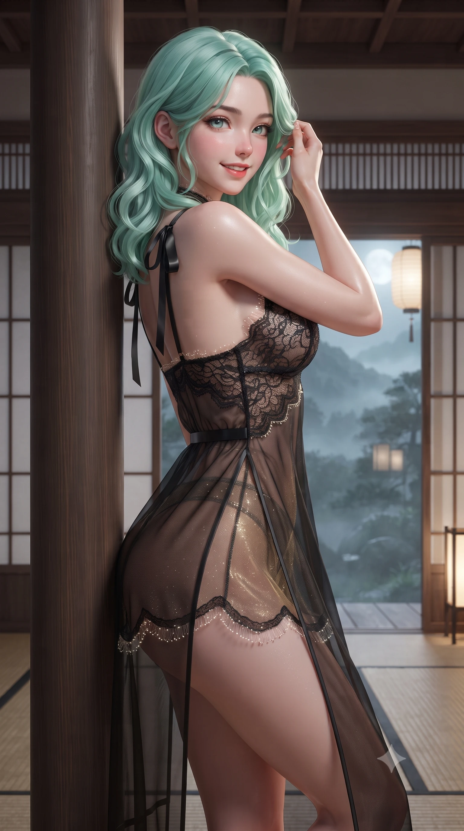 score_9, masterpiece, best quality, ultra-detailed, high-budget anime keyframe, editorial fashion photography, tasteful artistic composition, Japanese woman. close-up cowboy shot from the waist and thighs up, the character dominates the composition, filling the frame with her large presence. gently brushing a lock of hair behind her ear while casting a playful, flirtatious side-gaze with long eyelashes while leaning against the smooth veranda pillar with hips cocked back, looking over a bare shoulder with an irresistible bedroom-gaze. The surrounding environment is rendered in vivid detail and crisp panoramic clarity: detailed sheer silk organza modern qipao dress, high-cut side slits, and master Japanese carpentry in high resolution. She has an exceptionally elegant, slender, and willowy female figure with an ultra-slim waist, flat toned midriff, narrow ribcage, and sculpted feminine hips creating an alluring, slim hourglass silhouette without bulk. sharp v-shaped jawline, high-bridge nose, intricate jewel-like sparkling eyes with depth, thick eyelashes, glossy parted lips with a natural peach sheen, bright cheerful beaming smile with an enchanting and coquettish sensual glint, exuding both youthful cute charm and seductive allure, flawlessly proportioned anatomical accuracy, strict slender model proportions, natural body alignment, perfectly sculpted long slender limbs, ultra-slim waistline, clean dynamic posture without body distortion. wearing a translucent liquid-latex trimmed sheer lace babydoll with delicate fiber-optic trim along the scalloped hem in Shanghai noir black and imperial 24k gold, woven from stretch metallic lurex jersey casting radiant starlight glints across her curves, finished with satin ribbon ties at the shoulders fluttering in the gentle breeze, the liquid-tight tailored fabric clinging flawlessly to her narrow waist and rounded feminine hips, emphasizing every millimeter of her sculpted slim hourglass curves without any bulky heaviness. bathed in ethereal silver moonlight filtering through mountain mist combined with warm 2500K paper lantern glows. ultra-reflective glossy finish, specular highlights, rich textural contrasts, high-contrast stereoscopic depth, volumetric dynamic lighting, 2k, ultra detail, master piece, 9:16 ratio