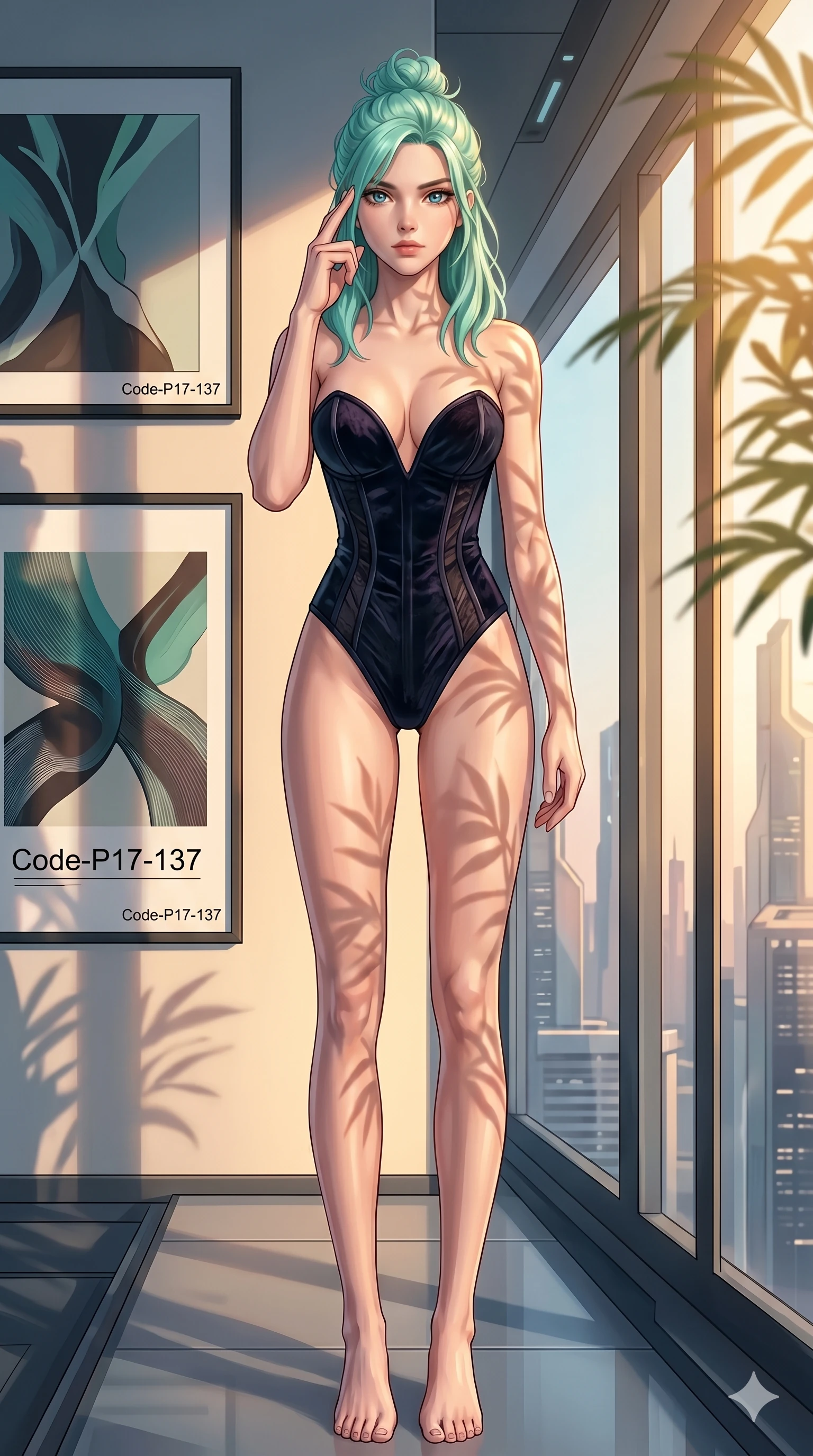 score_9, masterpiece, best quality, ultra-detailed, high-budget anime keyframe, editorial fashion photography, tasteful artistic composition, Japanese woman. cowboy shot from the thighs up, character and outfit filling the frame for maximum editorial presence. pressing two fingers to her temple, looking with quiet, sharp focus inside a futuristic penthouse with art frames (Code-P17-137). She has an absolutely perfect 8-heads proportion, an exceptionally tall and slender female figure with impossibly long slender legs and an ultra-slim waist. V-shaped jawline, high-bridge nose, intricate jewel-like eyes with depth, thick eyelashes, glossy lips with a natural sheen. wearing a dark velvet corset with a deep sweetheart neckline revealing her cleavage. bathed in warm, golden afternoon sunbeams, casting soft organic leaf shadows on her skin. 2k, ultra detail, master piece, 9:16 ratio