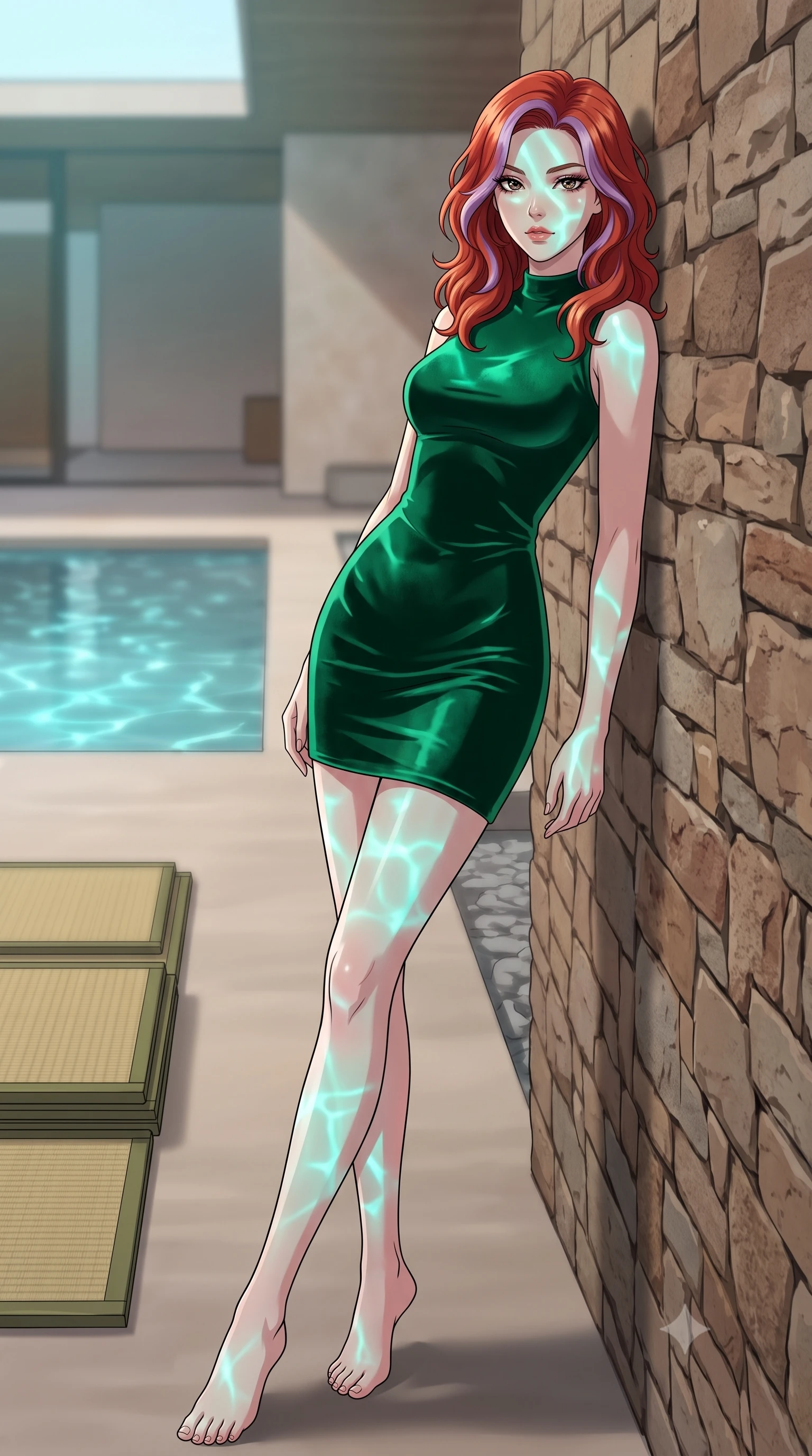 score_9, masterpiece, best quality, ultra-detailed, high-budget anime keyframe, tasteful artistic composition, Caucasian woman. low angle full-body shot from head to toe showing her feet, filling the entire 9:16 vertical frame with her statuesque presence, stretching her vertical silhouette. leaning back against a rustic stone wall, casting a slow, alluring gaze at the camera the background shows a soft-focus a modern minimal villa courtyard with a quiet reflection pool and tatami mats. She has an absolutely perfect, statuesque 8.5-heads proportion, an exceptionally tall and slender model-like female figure with impossibly long slender legs and an ultra-slim waist. sharp v-shaped jawline, high-bridge nose, intricate jewel-like eyes with depth, thick eyelashes, glossy lips with a natural sheen. wearing a tailored body-hugging emerald green velvet dress with a simple mock-neck collar. shifting aqua light reflections from the pool water mapping across her features. highly saturated vibrant anime colors, cel-shading, 2d style, master piece, 9:16 ratio