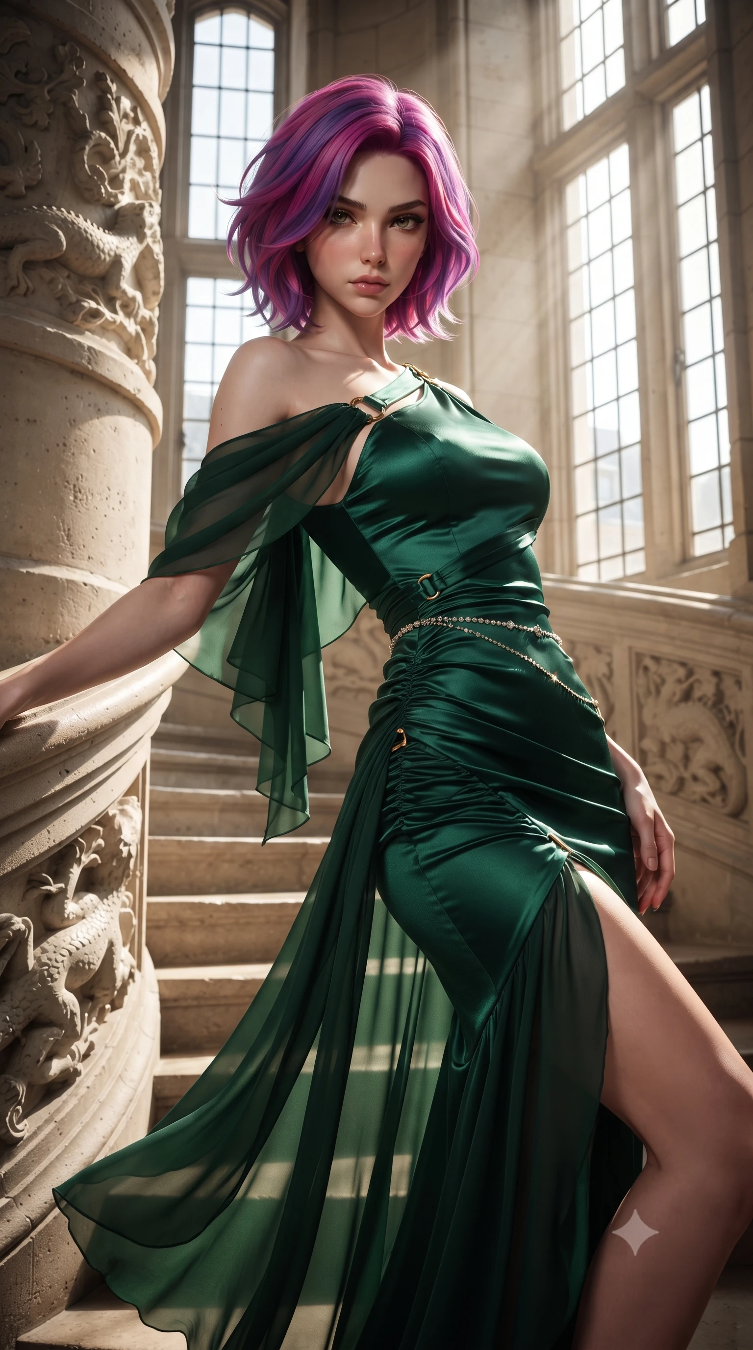 score_9, masterpiece, best quality, ultra-detailed, high-budget anime keyframe, editorial fashion photography, tasteful artistic composition, Caucasian woman. close-up cowboy shot from the waist and thighs up, the character dominates the composition, filling the frame with her large presence. leaning back with relaxed seductive grace, her sculpted collarbones and narrow waist highlighted as she casts smoldering bedroom-eyes directly into the camera while ascending the monumental carved limestone double-spiral staircase, arching her back as sunbeams illuminate her regal hourglass silhouette through stone arches. The surrounding environment is rendered in vivid detail and crisp panoramic clarity. sharp carved limestone salamander reliefs, worn spiral stone stair edges, and lantern shaft geometry in deep focus. She has an exceptionally elegant, slender, and willowy female figure with an ultra-slim waist, flat toned midriff, narrow ribcage, and sculpted feminine hips creating an alluring, slim hourglass silhouette without bulk. sharp v-shaped jawline, high-bridge nose, intricate jewel-like eyes with depth, thick eyelashes, glossy parted lips with a natural sheen, intensely captivating and seductive bedroom-eyes expression, flawlessly proportioned anatomical accuracy, strict slender model proportions, natural body alignment, perfectly sculpted long slender limbs, ultra-slim waistline, clean dynamic posture without body distortion. wearing a form-contouring cocktail dress with an asymmetrical open shoulder and hip-defining ruching in deep emerald green satin and gold hardware, woven from layered gossamer chiffon with a weightless sweeping drape, accented with a dainty diamond waist chain catching the ambient light reflections, the second-skin form-contouring cut accentuating her sculpted flat midriff, narrow delicate ribcage, and gracefully curvy hips with supermodel precision. bathed in dramatic directional shafts of sunlight cutting through monumental stone mullioned windows. ultra-reflective glossy finish, specular highlights, rich textural contrasts, high-contrast stereoscopic depth, volumetric dynamic lighting, 2k, ultra detail, master piece, 9:16 ratio