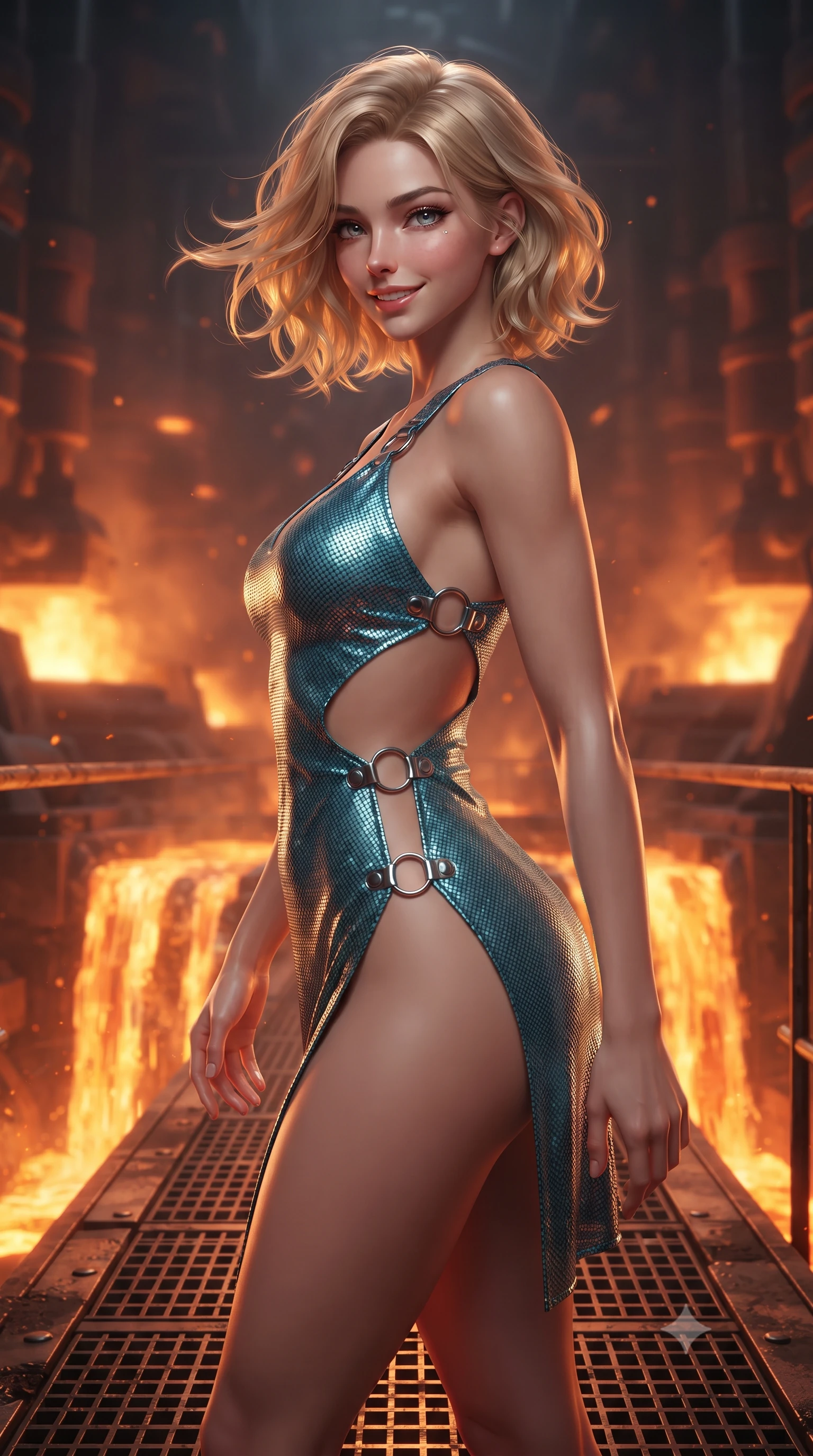 score_9, masterpiece, best quality, ultra-detailed, high-budget anime keyframe, editorial fashion photography, tasteful artistic composition, Caucasian woman. close-up cowboy shot from the waist and thighs up, the character dominates the composition, filling the frame with her large presence. turning slowly with an enchanting smoldering smile, her glossy hair tossing in the breeze as her hips angle gracefully in a captivating contrapposto while standing poised on the heavy grated catwalk above cascading molten slag waterfalls inside the active volcanic caldera, arching her lower back with sovereign combat poise as automated hydraulic presses slam into white-hot titanium. The background shows a soft-focus cascading waterfalls of molten liquid slag, glowing orange forge furnaces, and massive hydraulic piston exhausts blurred into amber, copper, and ruby bokeh. She has an exceptionally elegant, slender, and willowy female figure with an ultra-slim waist, flat toned midriff, narrow ribcage, and sculpted feminine hips creating an alluring, slim hourglass silhouette without bulk. sharp v-shaped jawline, high-bridge nose, intricate jewel-like sparkling eyes with depth, thick eyelashes, glossy parted lips with a natural peach sheen, bright cheerful beaming smile with an enchanting and coquettish sensual glint, exuding both youthful cute charm and seductive allure, flawlessly proportioned anatomical accuracy, strict slender model proportions, natural body alignment, perfectly sculpted long slender limbs, ultra-slim waistline, clean dynamic posture without body distortion. wearing a provocative open-waist combat cutout mini dress framed by polished chrome ring hardware and thigh-high slit in Europa abyssal turquoise and ice-shelf diamond, crafted from stretch micro-mesh with liquid foil coating that shimmers with every movement, finished with sleek magnetic buckle closures fluttering in the breeze, the high-slit wrap tailoring accentuating her ultra-slim waistline and the enchanting curve of her feminine hips with alluring seductive charm. illuminated by molten slag reflection bounce and sharp copper-gold rim lights sculpting her razor-sharp jawline, narrow waist, and curvy hips. ultra-reflective glossy finish, specular highlights, rich textural contrasts, high-contrast stereoscopic depth, volumetric dynamic lighting, 2k, ultra detail, master piece, 9:16 ratio