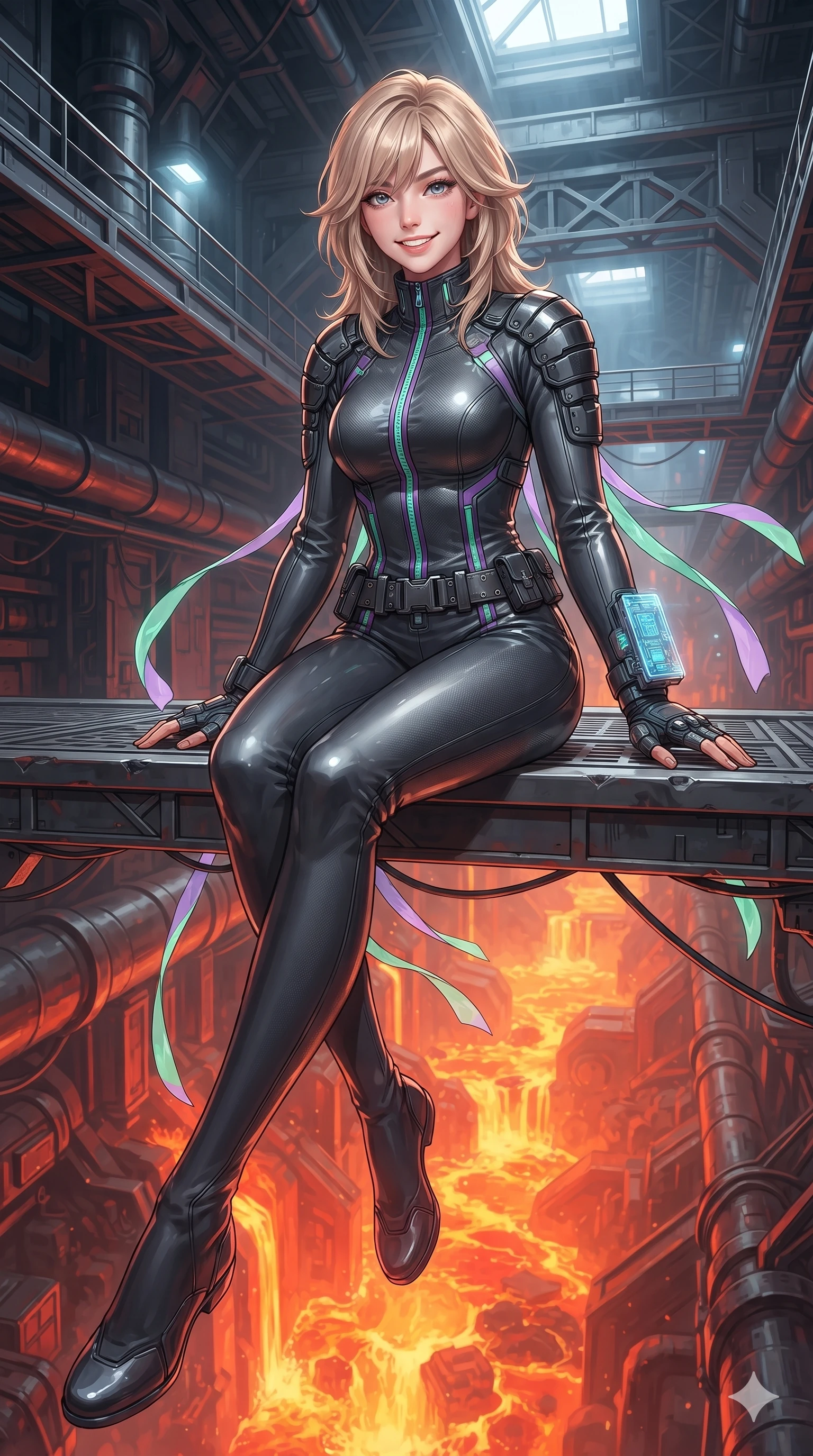 score_9, masterpiece, best quality, ultra-detailed, high-budget anime keyframe, editorial fashion photography, tasteful artistic composition, Japanese woman. low angle full-body shot from head to toe showing her feet, filling the entire 9:16 vertical frame with her statuesque presence, stretching her vertical silhouette. stepping forward in a confident stride along the catwalk, her long slender legs and curvaceous hips creating a dynamic, sweeping vertical line while sitting poised on the observation gantry ledge with legs crossed, flashing an enchanting, confident smile as thermal winds flutter her ribbons. The surrounding environment is rendered in vivid detail and crisp panoramic clarity: detailed high-tech combat tailoring, tactical belt hardware, and monumental subterranean infrastructure in crisp definition. She has an absolutely perfect, statuesque 8.5-heads proportion, an exceptionally tall and slender model-like female figure with impossibly long slender legs, an ultra-slim waist, a flat toned midriff, narrow delicate ribcage, and beautifully sculpted feminine hips creating a graceful, slim hourglass silhouette without any bulky heaviness. sharp v-shaped jawline, high-bridge nose, intricate jewel-like sparkling eyes with depth, thick eyelashes, glossy parted lips with a natural sheen, bright confident smile with an enchanting and coquettish sensual glint, exuding both youthful magnetic charm and sovereign high-tech allure, flawlessly proportioned anatomical accuracy, strict slender model proportions, natural body alignment, perfectly sculpted long slender limbs, ultra-slim waistline, clean dynamic posture without body distortion. wearing a tailored high-collar aerodynamic flight suit with structured carbon-fiber shoulder plates and ergonomic zip channels in phosphorescent ultraviolet amethyst and mint green, crafted from lightweight aerodynamic matte carbon-fiber weave with structural stiffness, complemented by fingerless armored tactical gloves and a glowing holographic wrist terminal, the impeccably tailored cut draping gracefully along her slender figure with aristocratic poise. bathed in the radiant 2000K upward glow of the cascading magma river combined with overhead industrial quartz worklights. ultra-reflective glossy finish, specular highlights, rich textural contrasts, high-contrast stereoscopic depth, volumetric dynamic lighting, 2k, ultra detail, master piece, 9:16 ratio