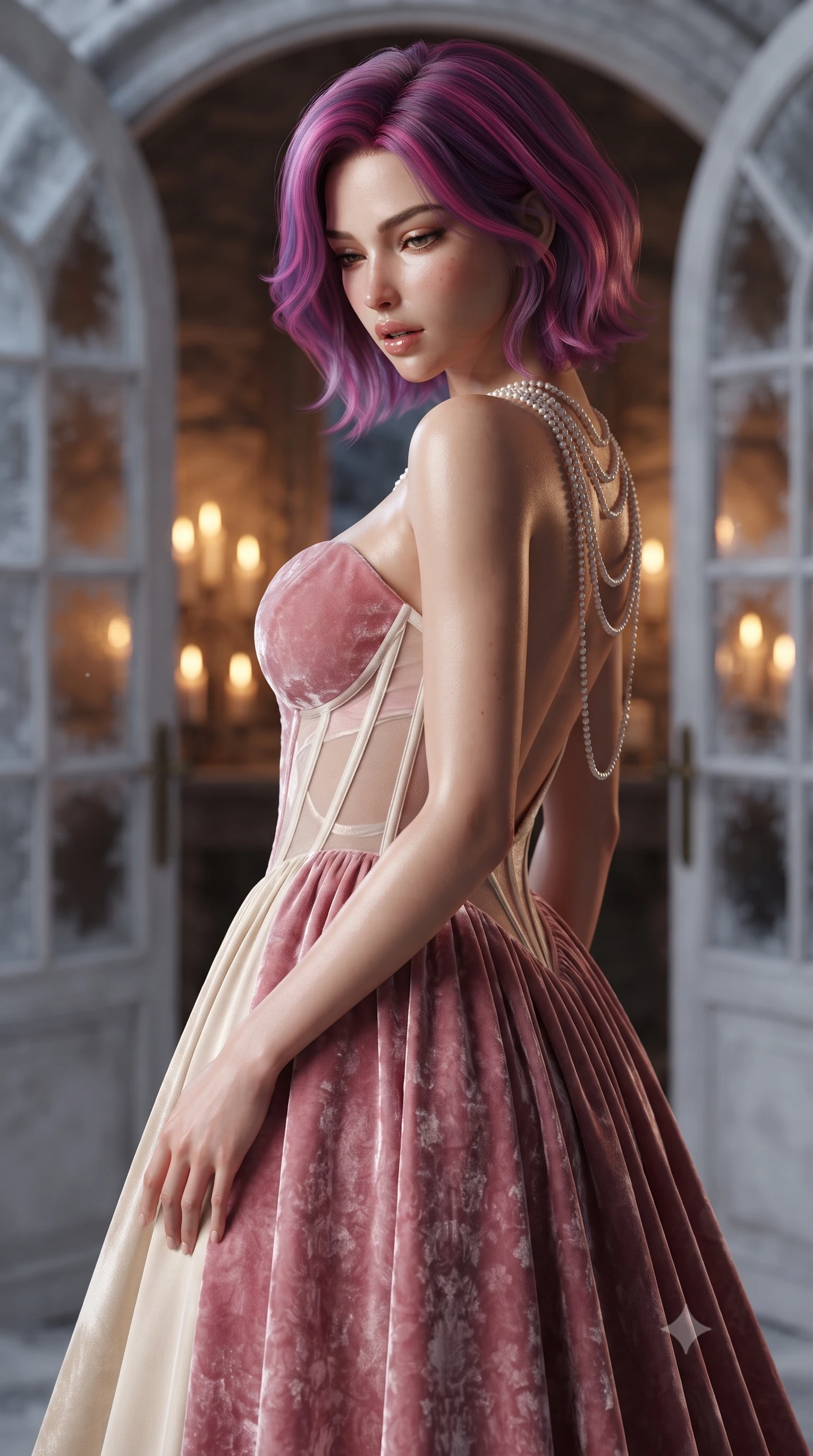 score_9, masterpiece, best quality, ultra-detailed, high-budget anime keyframe, editorial fashion photography, tasteful artistic composition, Caucasian woman. close-up cowboy shot from the waist and thighs up, the character dominates the composition, filling the frame with her large presence. resting one manicured hand delicately on her hip bone, her upper body turning in a fluid, seductive S-curve while parted lips glisten in the light while turning in an alluring dancer S-curve as the crisp alpine wind flutters her heavy gown, gazing down at the mist-filled Bavarian valley. The composition keeps background elements in soft focus with creamy bokeh. candlelit interior chandeliers visible through frosted arched windows softened in romantic fairy-tale shallow focus. She has an exceptionally elegant, slender, and willowy female figure with an ultra-slim waist, flat toned midriff, narrow ribcage, and sculpted feminine hips creating an alluring, slim hourglass silhouette without bulk. sharp v-shaped jawline, high-bridge nose, intricate jewel-like eyes with depth, thick eyelashes, glossy parted lips with a natural sheen, intensely captivating and seductive bedroom-eyes expression, flawlessly proportioned anatomical accuracy, strict slender model proportions, natural body alignment, perfectly sculpted long slender limbs, ultra-slim waistline, clean dynamic posture without body distortion. wearing a deep sweetheart neckline crushed velvet corseted ballgown with an exposed midriff cutout in sakura blossom pink and warm ivory, made of fluid silk crepe with delicate inner corsetry boning, accented with a multi-strand pearl back necklace cascading down her bare spine to her hips, the dramatically scooped open back descending to the base of her spine, accentuating her razor-sharp statuesque lines and slim hourglass silhouette. bathed in cool, pristine alpine winter daylight contrasting with warm amber candlelight spilling from interior French doors. ultra-reflective glossy finish, specular highlights, rich textural contrasts, high-contrast stereoscopic depth, volumetric dynamic lighting, 2k, ultra detail, master piece, 9:16 ratio