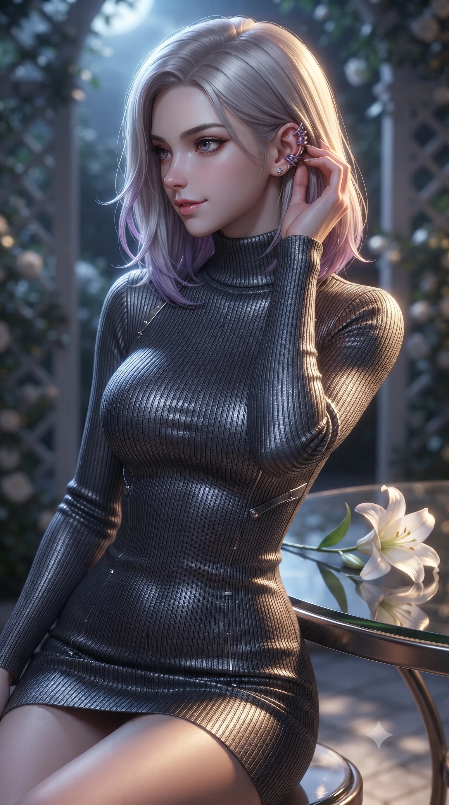 score_9, masterpiece, best quality, ultra-detailed, high-budget anime keyframe, editorial fashion photography, tasteful artistic composition, Caucasian woman. close-up cowboy shot from the waist and thighs up, the character dominates the composition, filling the frame with her large presence, background elements kept in soft focus. adjusting her delicate ear cuff with a captivating half-smile, her profile highlighted by a dramatic rim light set against a soft-focus background of inside an exclusive moonlit garden terrace with a single long-stemmed white lily resting against a polished glass surface. She has an exceptionally elegant, slender, and willowy female figure with an ultra-slim waist, a gracefully sculpted slender torso, and a refined silhouette. sharp v-shaped jawline, high-bridge nose, intricate jewel-like eyes with depth, thick eyelashes, glossy lips with a natural sheen. wearing body-hugging charcoal metallic jersey form-fitting ribbed knit turtleneck dress outlining her slender silhouette accented with delicate silver hardware. bathed in warm golden hour sunbeams that cast long, romantic shadows across the floor. ultra-reflective glossy finish, specular highlights, metallic sheen, high-contrast stereoscopic depth, volumetric dynamic lighting, 2k, ultra detail, master piece, 9:16 ratio
