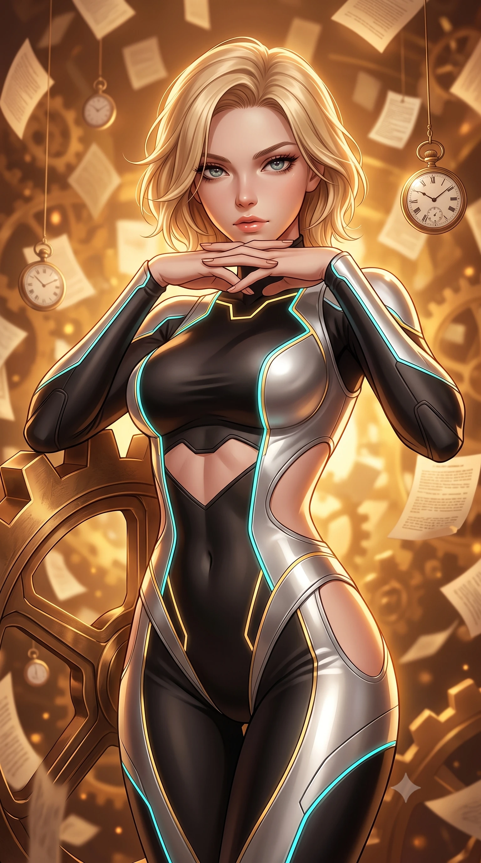 score_9, masterpiece, best quality, ultra-detailed, high-budget anime keyframe, editorial fashion photography, tasteful artistic composition, Caucasian woman. close-up cowboy shot from the waist and thighs up, the character dominates the composition, filling the frame with her large presence, background elements kept in soft focus. Resting her chin on the backs of her fingers, casting a sharp, mysterious gaze resting against a floating bronze time gear in a warm golden dimension, suspended paper documents and pocket watches frozen mid-air in amber resin light. She has an exceptionally elegant, slender, and willowy female figure with an ultra-slim waist, a gracefully sculpted slender torso, and a refined silhouette. sharp v-shaped jawline, high-bridge nose, intricate jewel-like eyes with depth, thick eyelashes, glossy lips with a natural sheen. wearing a skin-tight cybernetic bodysuit with glowing neon seams and side cutouts in matte black and polished silver, crafted from lustrous satin jersey with fluid draping, featuring subtle geometric cutouts that highlight her ultra-slim midriff, the tailored fabric tightly following every curve of her athletic build. bathed in rich amber temporal glow and warm golden backlighting. highly saturated vibrant anime colors, detailed shading with soft gradients, rich glossy textures, high-contrast stereoscopic depth, volumetric dynamic lighting, master piece, 9:16 ratio