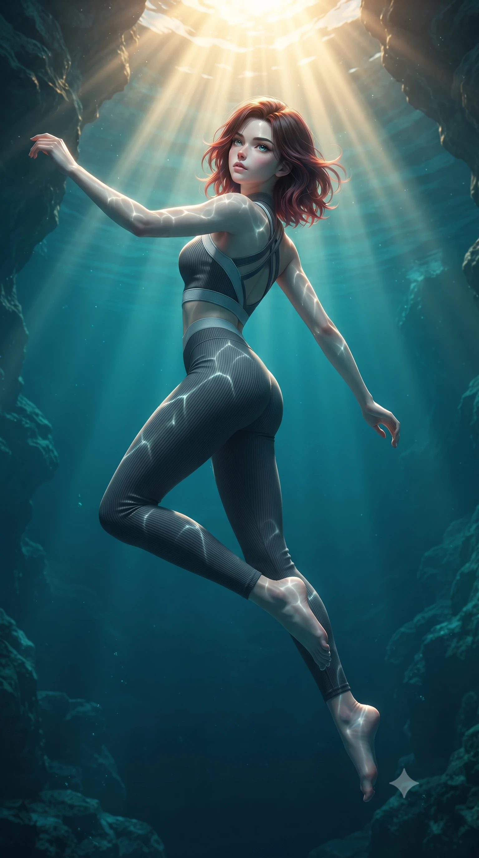 score_9, masterpiece, best quality, ultra-detailed, high-budget anime keyframe, editorial fashion photography, tasteful artistic composition, Korean woman. low angle full-body shot from head to toe showing her feet, filling the entire 9:16 vertical frame with her statuesque presence, stretching her vertical silhouette. performing an athletic mid-air rotation with flawless poise, her vertical silhouette beautifully stretched while swimming gracefully upward toward sunbeams penetrating a deep turquoise water cavern, intense golden sunbeams penetrating deep turquoise water creating caustic light ripples. She has an absolutely perfect, statuesque 8.5-heads proportion, an exceptionally tall and slender model-like female figure with impossibly long slender legs and an ultra-slim waist. sharp v-shaped jawline, high-bridge nose, intricate jewel-like eyes with depth, thick eyelashes, glossy lips with a natural sheen, flawlessly proportioned anatomical accuracy, natural body alignment, perfectly sculpted elegant limbs, clean dynamic posture without body distortion. wearing a form-fitting ribbed activewear set with elegant collar cutouts in charcoal grey and platinum, made of fine carbon-fiber weave and soft matte leather, complemented by criss-cross back straps highlighting her bare shoulders, the form-contouring material highlighting her ultra-slim waist and long lines. surrounded by a shimmering ocean aura with bright specular rim lights. ultra-reflective glossy finish, specular highlights, metallic sheen, high-contrast stereoscopic depth, volumetric dynamic lighting, 2k, ultra detail, master piece, 9:16 ratio