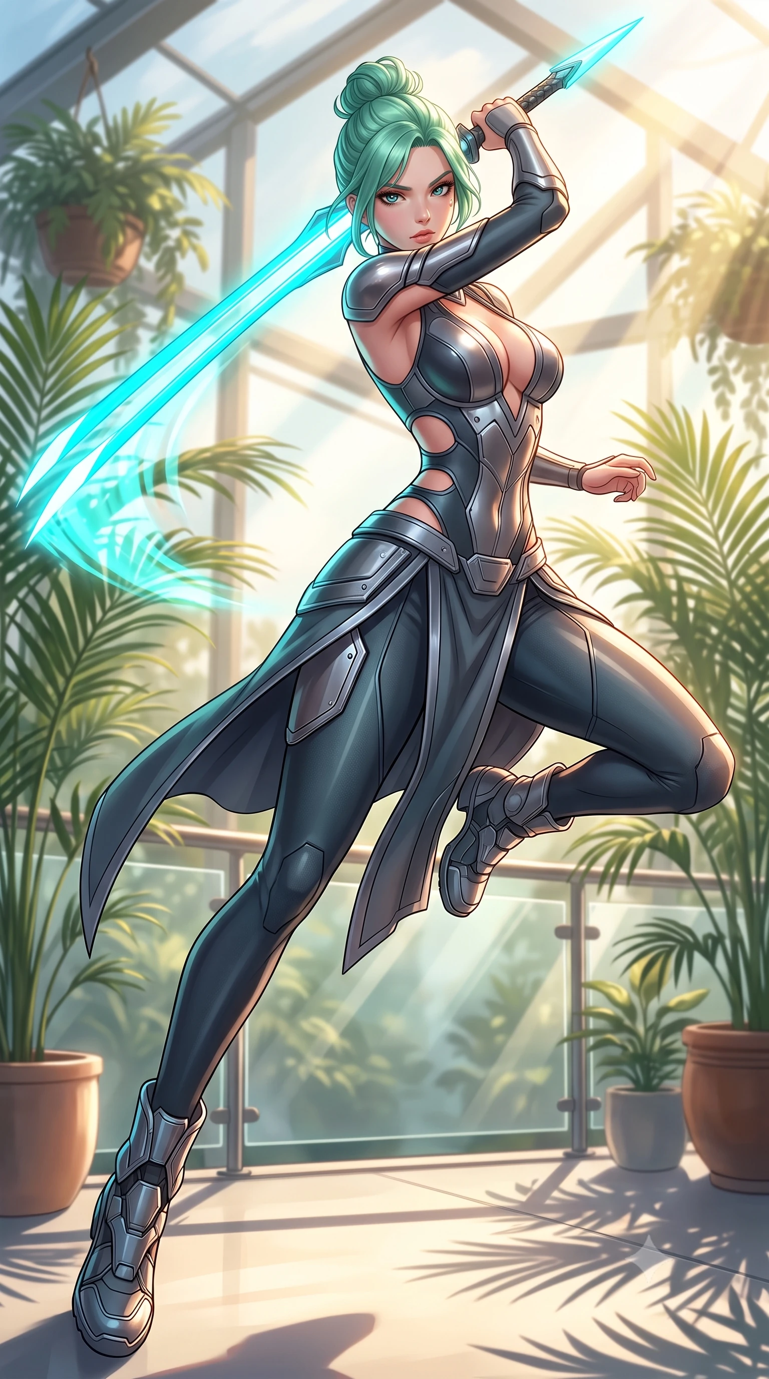 score_9, masterpiece, best quality, ultra-detailed, high-budget anime keyframe, editorial fashion photography, tasteful artistic composition, Japanese woman. low angle full-body shot from head to toe showing her feet, filling the entire 9:16 vertical frame with her statuesque presence, stretching her vertical silhouette. leaping forward while slashing with a twin-bladed plasma sword in mid-air, her body-contouring suit showing her athletic silhouette, the background shows a soft-focus a greenhouse hangar balcony decorated with potted palms and glass railings. She has an absolutely perfect, statuesque 8.5-heads proportion, an exceptionally tall and slender model-like female figure with impossibly long slender legs and an ultra-slim waist. sharp v-shaped jawline, high-bridge nose, intricate jewel-like eyes with depth, thick eyelashes, glossy lips with a natural sheen. wearing a body-hugging deep plunging-V neck bodycon armor top, featuring keyhole cutouts along the ribs and a thigh-slit wrap skirt. bright morning sun rays creating fresh and energetic shadows. highly saturated vibrant anime colors, detailed shading with soft gradients, rich glossy textures, high-contrast stereoscopic depth, volumetric dynamic lighting, master piece, 9:16 ratio