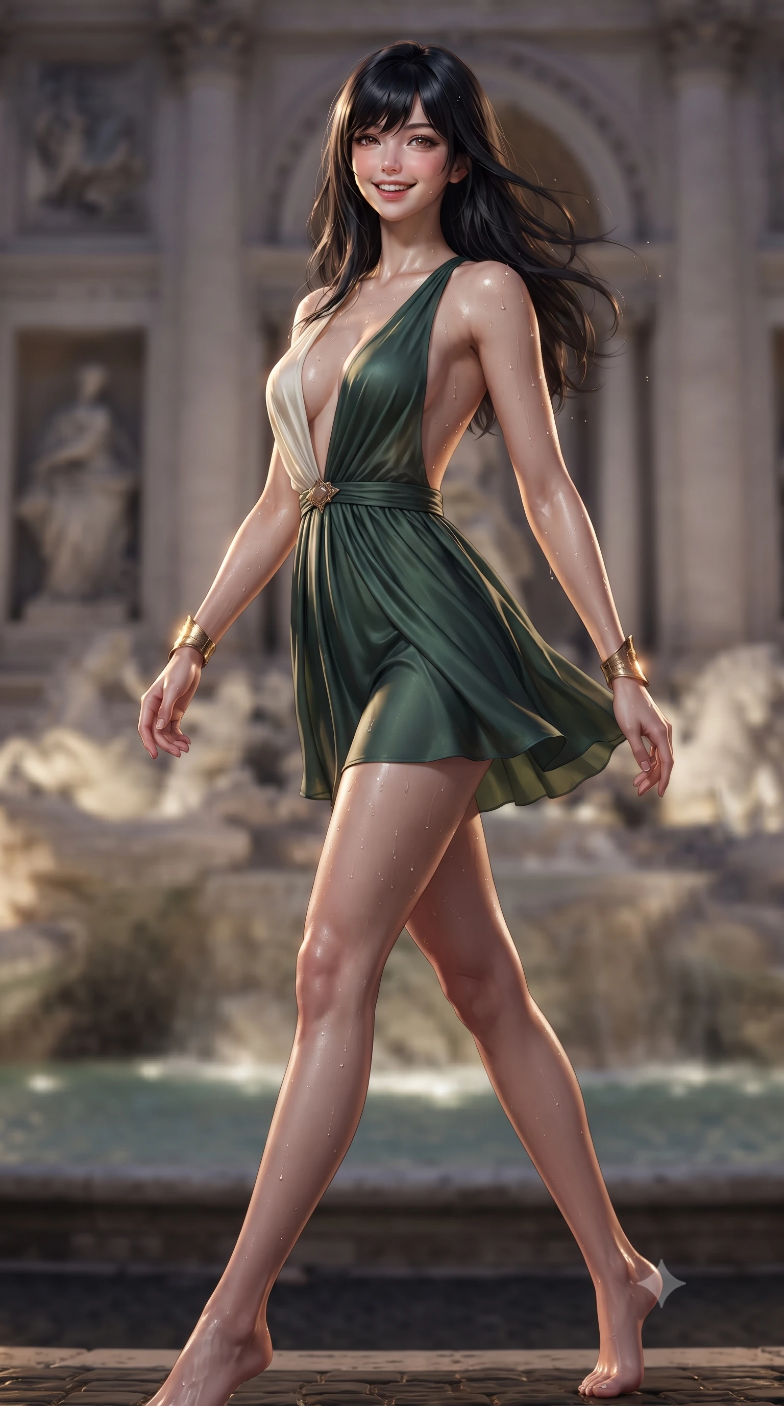 score_9, masterpiece, best quality, ultra-detailed, high-budget anime keyframe, editorial fashion photography, tasteful artistic composition, Caucasian woman. low angle full-body shot from head to toe showing her feet, filling the entire 9:16 vertical frame with her statuesque presence, stretching her vertical silhouette. stepping forward in a confident stride, her long slender legs and curvaceous hips creating a dynamic, sweeping vertical line while twisting her slender torso in an alluring S-curve, water droplets and lantern light dancing across her dewy collarbones and bare back. The background shows a soft-focus Renaissance water theater facade softened in enchanting Tivoli nocturnal magic shallow focus. She has an exceptionally tall and slender model-like 8.5-heads proportion, an ultra-slim waist, a flat toned midriff, narrow delicate ribcage, and beautifully sculpted feminine hips creating a graceful, slim hourglass silhouette without any bulky heaviness, with impossibly long slender legs. sharp v-shaped jawline, high-bridge nose, intricate jewel-like sparkling eyes with depth, thick eyelashes, glossy parted lips with a natural peach sheen, bright cheerful beaming smile with an enchanting and coquettish sensual glint, exuding both youthful cute charm and seductive allure, flawlessly proportioned anatomical accuracy, strict slender model proportions, natural body alignment, perfectly sculpted long slender limbs, ultra-slim waistline, clean dynamic posture without body distortion. wearing a backless Grecian silk chiffon mini dress with a deep plunging V-neckline and gold waist brooch in Lake Como cypress green and crisp ivory pearl, woven from stretch shimmer crepe adhering with glove-like precision, accented with delicate golden wrist cuffs reflecting warm chandelier light, the second-skin tailored fabric adhering flawlessly to her sculpted flat midriff and slender torso, emphasizing her long leg lines and perfectly proportioned willowy build. illuminated by water spray specular highlights and sharp flame-amber rim lights sculpting her jawline, narrow waist, and curvy hips. ultra-reflective glossy finish, specular highlights, rich textural contrasts, high-contrast stereoscopic depth, volumetric dynamic lighting, 2k, ultra detail, master piece, 9:16 ratio
