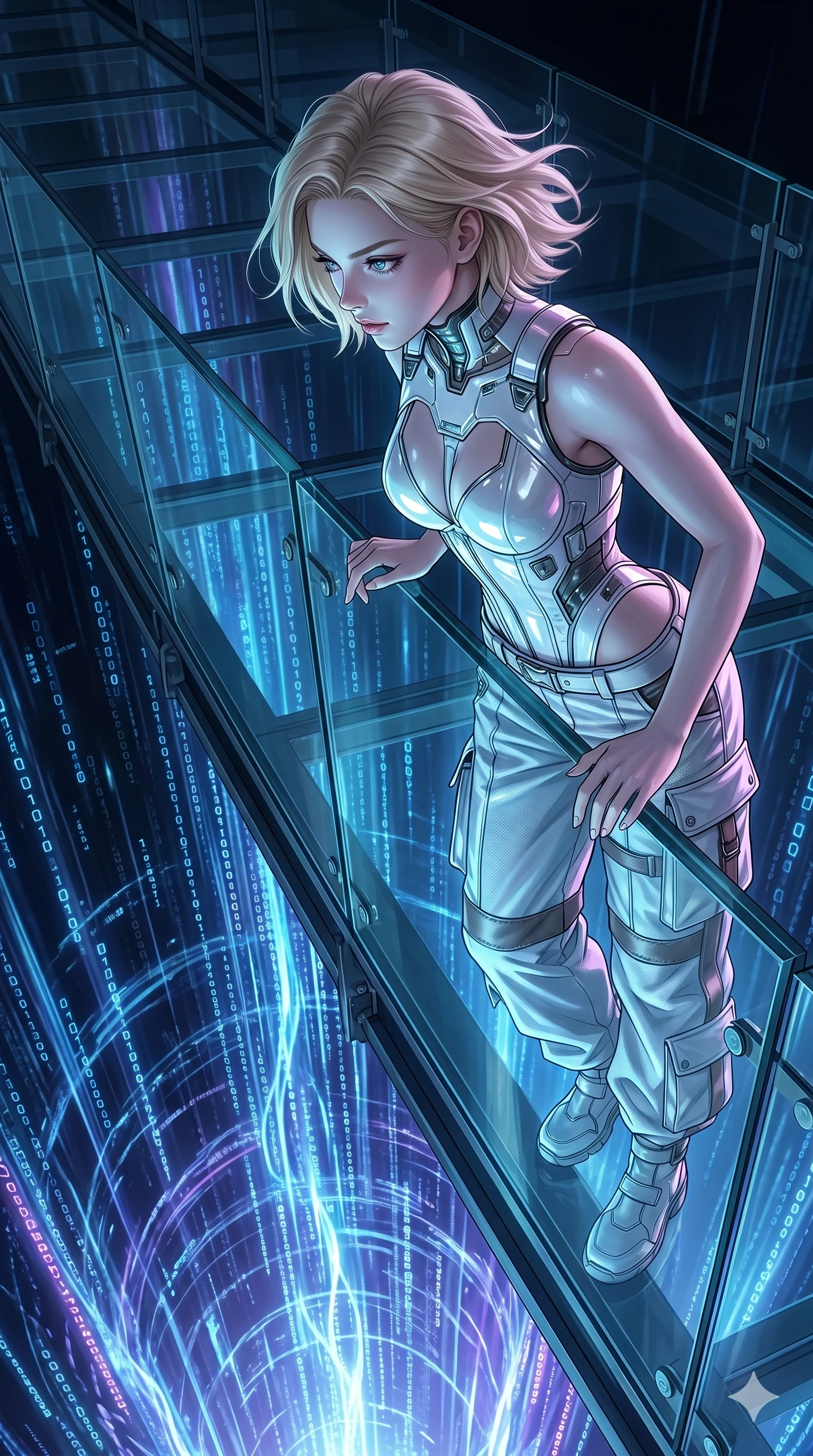 score_9, masterpiece, best quality, ultra-detailed, high-budget anime keyframe, editorial fashion photography, tasteful artistic composition, Caucasian woman, strictly human ears. Upper body close-up from the thighs up, character filling the screen for maximum presence. Standing on a glass bridge over a digital chasm, looking down at the glowing data streams with an intense, fascinated look. She is wearing a structured cybernetic bodice with glossy vinyl panels and cargo pants. The scene is illuminated by the bright blue glow of the data streams below. 2k, ultra detail, master piece, 9:16 ratio
