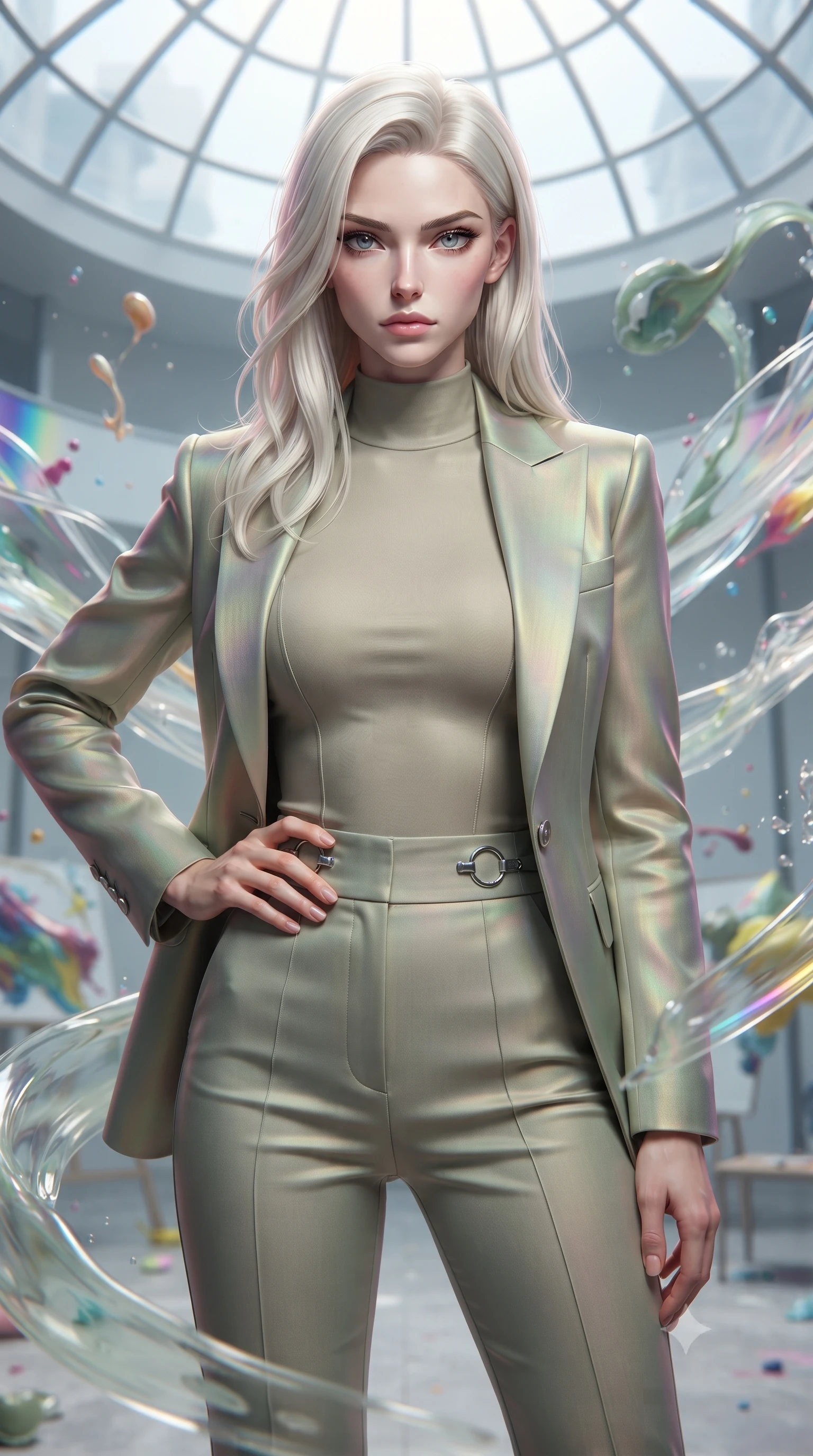 score_9, masterpiece, best quality, ultra-detailed, high-budget anime keyframe, editorial fashion photography, tasteful artistic composition, Caucasian woman. close-up cowboy shot from the waist and thighs up, the character dominates the composition, filling the frame with her large presence, background elements kept in soft focus. Holding a confident power pose with one hand on her hip, gazing directly into the camera with quiet intensity standing inside a glass-domed art atelier filled with floating liquid paint swirls, translucent liquid acrylic trails creating dynamic motion paths. She has an exceptionally elegant, slender, and willowy female figure with an ultra-slim waist, a gracefully sculpted slender torso, and a refined silhouette. sharp v-shaped jawline, high-bridge nose, intricate jewel-like eyes with depth, thick eyelashes, glossy lips with a natural sheen. wearing a tailored silk blazer over a form-contouring top and fitted slacks in sage green and oatmeal, crafted from iridescent chiffon that shifts colors in the light, accented with delicate chrome ring hardware framing her waist, the glove-like fit emphasizing her statuesque silhouette. drenched in bright white key light with colorful prismatic rim lighting. highly saturated vibrant anime colors, detailed shading with soft gradients, rich glossy textures, high-contrast stereoscopic depth, volumetric dynamic lighting, master piece, 9:16 ratio