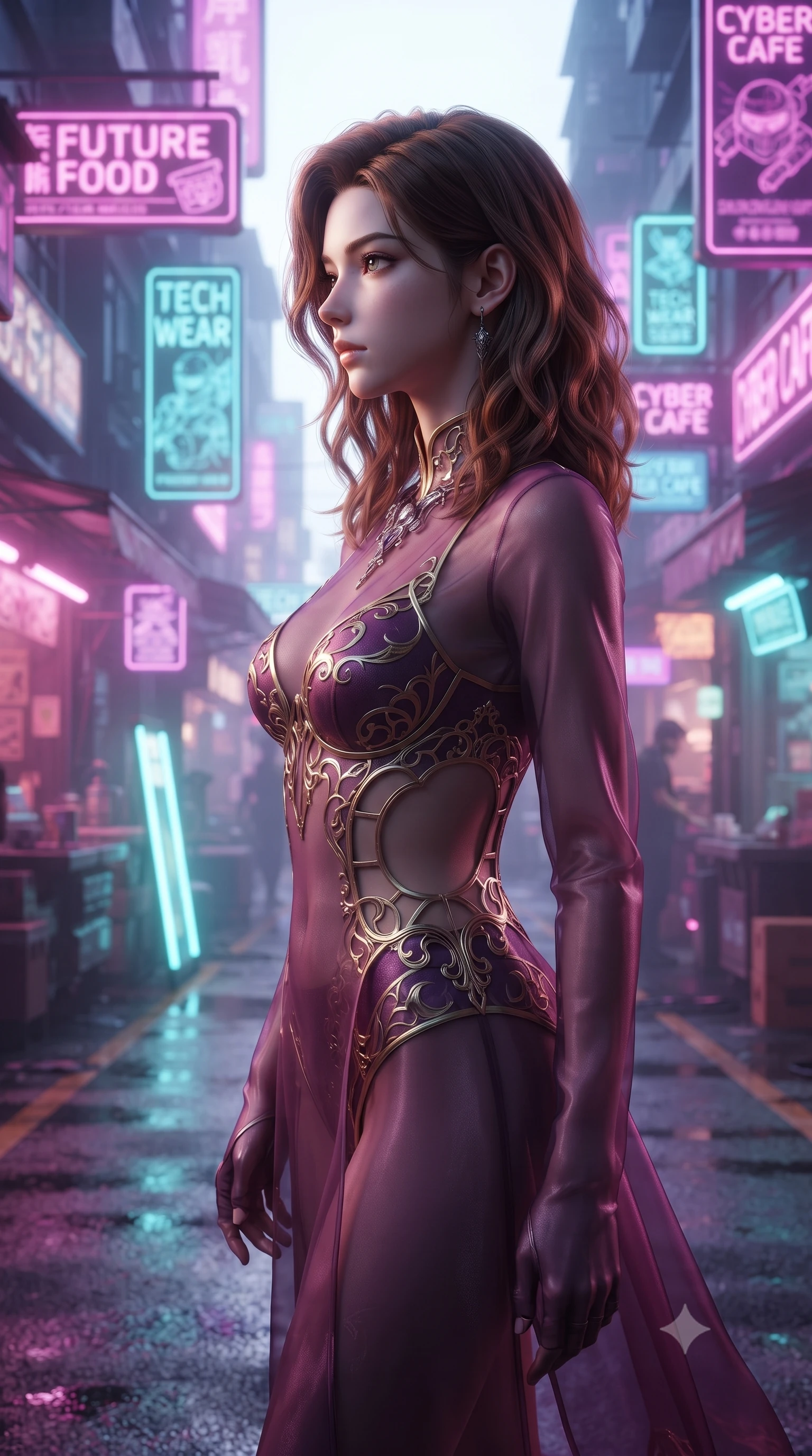 score_9, masterpiece, best quality, ultra-detailed, high-budget anime keyframe, editorial fashion photography, tasteful artistic composition, Korean woman. close-up cowboy shot from the waist and thighs up, the character dominates the composition, filling the frame with her large presence, background elements kept in soft focus. Turning her face in sharp dramatic profile against the bright light, showcasing her sharp v-shaped jawline walking through a futuristic night market overflowing with holographic stall signs, wet asphalt reflecting glowing pink, purple, and aqua neon light bars. She has an exceptionally elegant, slender, and willowy female figure with an ultra-slim waist, a gracefully sculpted slender torso, and a refined silhouette. sharp v-shaped jawline, high-bridge nose, intricate jewel-like eyes with depth, thick eyelashes, glossy lips with a natural sheen. wearing a semi-opaque sheer overlay dress over a leather micro-bodysuit in plum purple and gold filigree, made of premium stretch velvet with a rich sheen, featuring clean architectural cutouts along her slender torso, the glove-like fit emphasizing her statuesque silhouette. surrounded by a high-energy futuristic nightlife atmosphere. ultra-reflective glossy finish, specular highlights, metallic sheen, high-contrast stereoscopic depth, volumetric dynamic lighting, 2k, ultra detail, master piece, 9:16 ratio