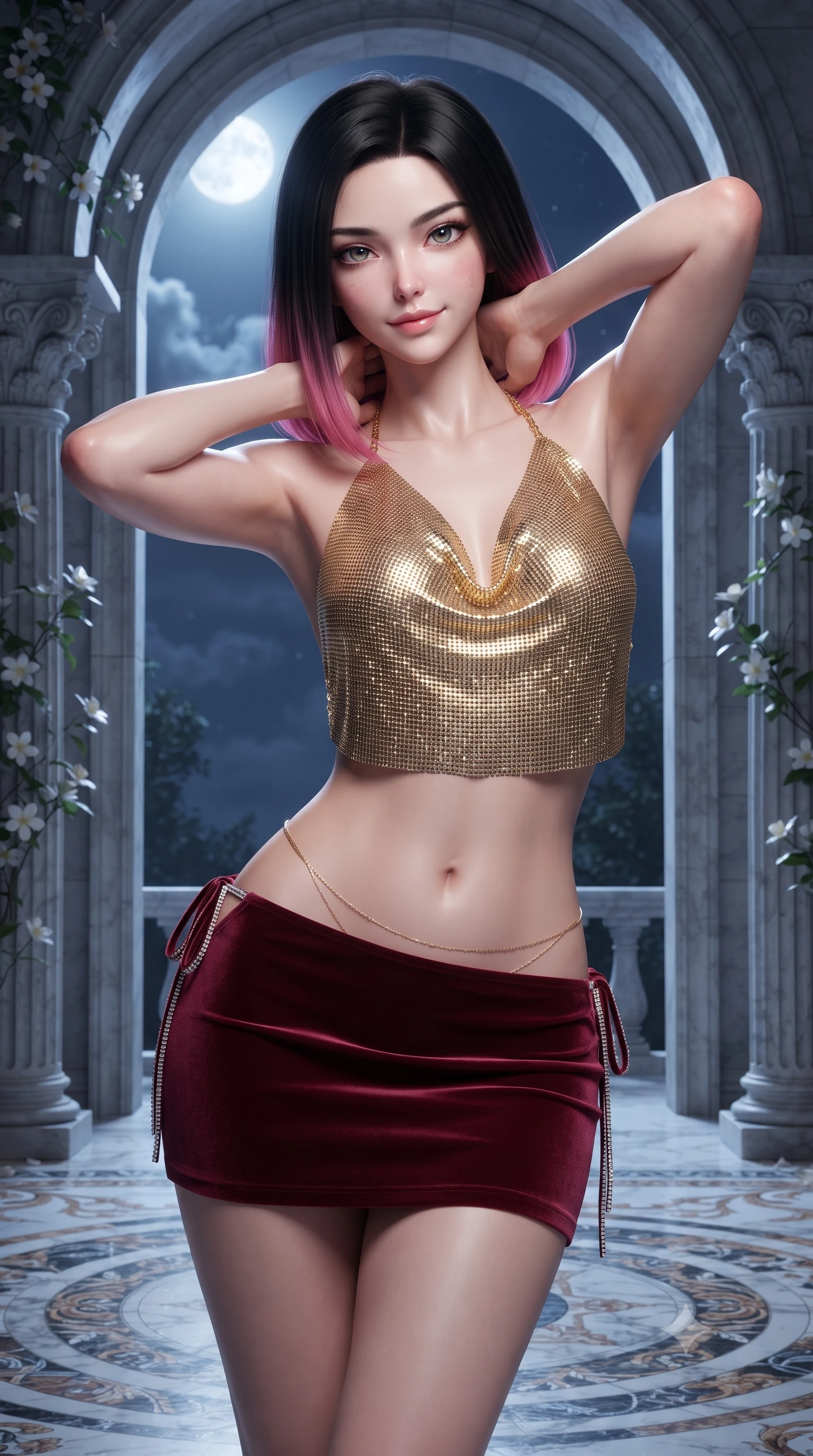score_9, masterpiece, best quality, ultra-detailed, high-budget anime keyframe, editorial fashion photography, tasteful artistic composition, Korean woman. close-up cowboy shot from the waist and thighs up, the character dominates the composition, filling the frame with her large presence. resting both hands lightly behind her neck with elbows raised, arching her spine to highlight her narrow waist, flat midriff, and breathtaking collarbones while standing framed inside the soaring classical stone archway, arching her lower back to accentuate her curvy hips as night breezes rustle the vines. The surrounding environment is rendered in vivid detail and crisp panoramic clarity: sharp carved Corinthian column capitals, delicate white jasmine petal veins, and marble floor mosaic borders in deep focus. She has an exceptionally elegant, slender, and willowy female figure with an ultra-slim waist, flat toned midriff, narrow ribcage, and sculpted feminine hips creating an alluring, slim hourglass silhouette without bulk. sharp v-shaped jawline, high-bridge nose, sparkling eyes with hypnotic seductive depth, thick curled eyelashes, glossy parted lips with a natural dewy peach sheen, alluring bedroom-eyes with an enchanting coquettish smile, exuding magnetic siren charisma and sophisticated glamour, flawlessly proportioned anatomical accuracy, strict slender model proportions, natural body alignment, perfectly sculpted long slender limbs, ultra-slim waistline, clean dynamic posture without body distortion. wearing a liquid gold chainmail cowl halter top paired with an ultra-low-rise velvet mini skirt and side rhinestone ties in smoldering Chianti crimson wine and deep rose-gold, tailored from fine structural neoprene with crisp architectural edges and smooth contouring, accented with a dainty gold belly chain resting across her flat midriff and curving hips, the precision-cut side openings and low-back scoop framing her graceful spine and the sensual sweep of her slim, toned hips. bathed in cool silver full moonlight streaming from the open sky mixed with warm 2800K light spilling from the chateau grand ballroom. ultra-reflective glossy finish, specular highlights, rich textural contrasts, high-contrast stereoscopic depth, volumetric dynamic lighting, 2k, ultra detail, master piece, 9:16 ratio