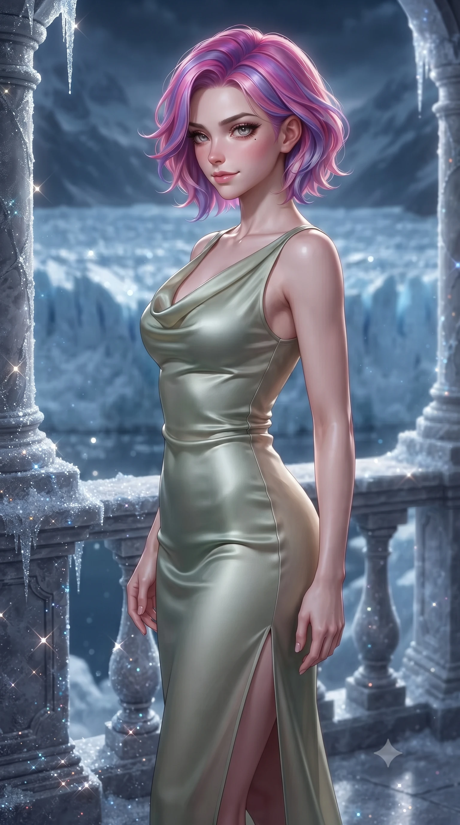 score_9, masterpiece, best quality, ultra-detailed, high-budget anime keyframe, editorial fashion photography, tasteful artistic composition, Caucasian woman. close-up cowboy shot from the waist and thighs up, the character dominates the composition, filling the frame with her large presence, background elements kept in soft focus. Glancing sidelong over her shoulder with a smoldering half-smile and heavy lashes poised on a frost-carved terrace overlooking a vast glittering glacier at midnight, glistening frost crystals on architecture scattering silver and sapphire light. She has an exceptionally elegant, slender, and willowy female figure with an ultra-slim waist, a gracefully sculpted slender torso, and a refined silhouette. sharp v-shaped jawline, high-bridge nose, intricate jewel-like eyes with depth, thick eyelashes, glossy lips with a natural sheen. wearing an elegant cowl-neck satin midi dress with a draped neckline in sage green and oatmeal, woven from fine semi-opaque sheer organza, finished with a sleek side slit ascending to mid-thigh, the tailored fabric tightly following every curve of her athletic build. surrounded by an opulent, frozen fairytale ambiance with high specular shine. highly saturated vibrant anime colors, detailed shading with soft gradients, rich glossy textures, high-contrast stereoscopic depth, volumetric dynamic lighting, master piece, 9:16 ratio