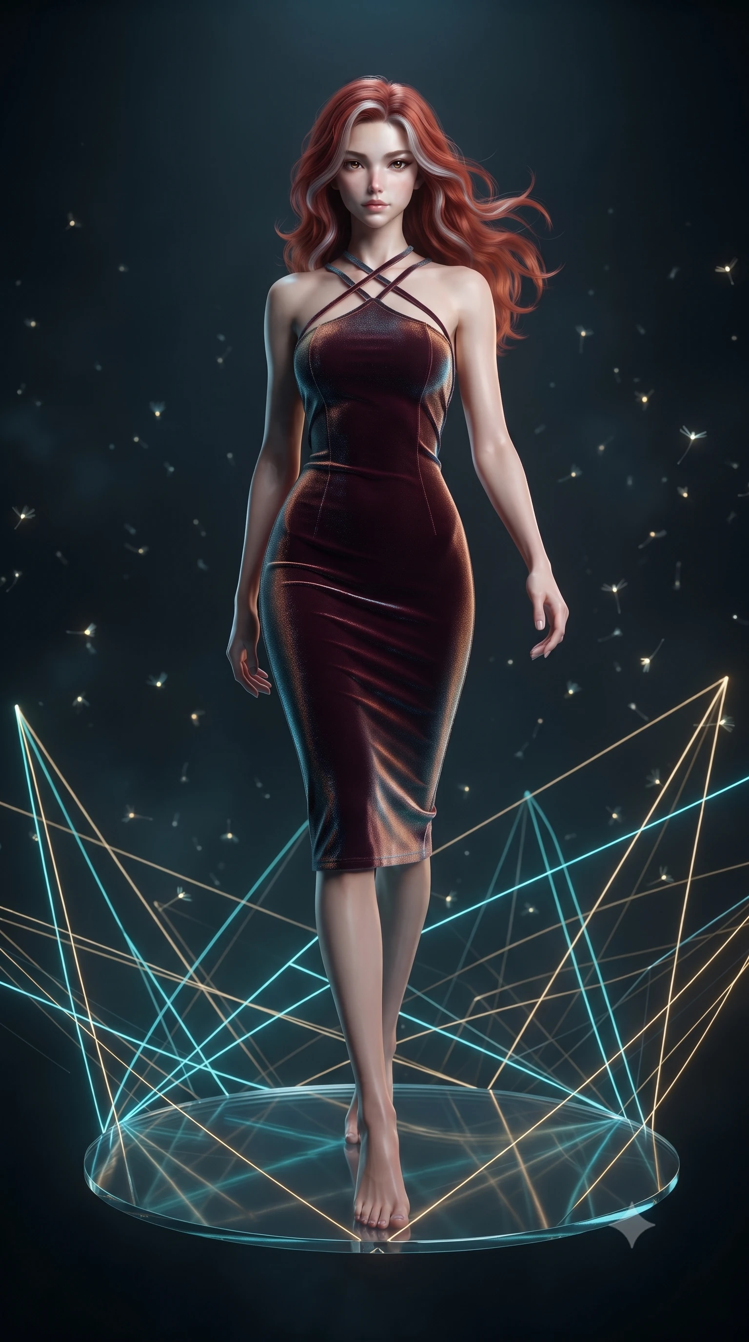 score_9, masterpiece, best quality, ultra-detailed, high-budget anime keyframe, editorial fashion photography, tasteful artistic composition, Caucasian woman. low angle full-body shot from head to toe showing her feet, filling the entire 9:16 vertical frame with her statuesque presence, stretching her vertical silhouette. stepping forward with proud posture, filling the vertical frame with her magnetic presence poised on a floating glass disk suspended inside a geometric light matrix, glowing fiber optic motes drifting like fireflies in the background. She has an absolutely perfect, statuesque 8.5-heads proportion, an exceptionally tall and slender model-like female figure with impossibly long slender legs and an ultra-slim waist. sharp v-shaped jawline, high-bridge nose, intricate jewel-like eyes with depth, thick eyelashes, glossy lips with a natural sheen. wearing a velvet halter-neck midi dress following her form like a glove in deep burgundy and bronze, formed from sleek second-skin neoprene, complemented by criss-cross back straps highlighting her bare shoulders, the elegant draped fit framing her graceful clavicle and slender torso. illuminated by the brilliant glow of cyan and gold luminescent threads. ultra-reflective glossy finish, specular highlights, metallic sheen, high-contrast stereoscopic depth, volumetric dynamic lighting, 2k, ultra detail, master piece, 9:16 ratio