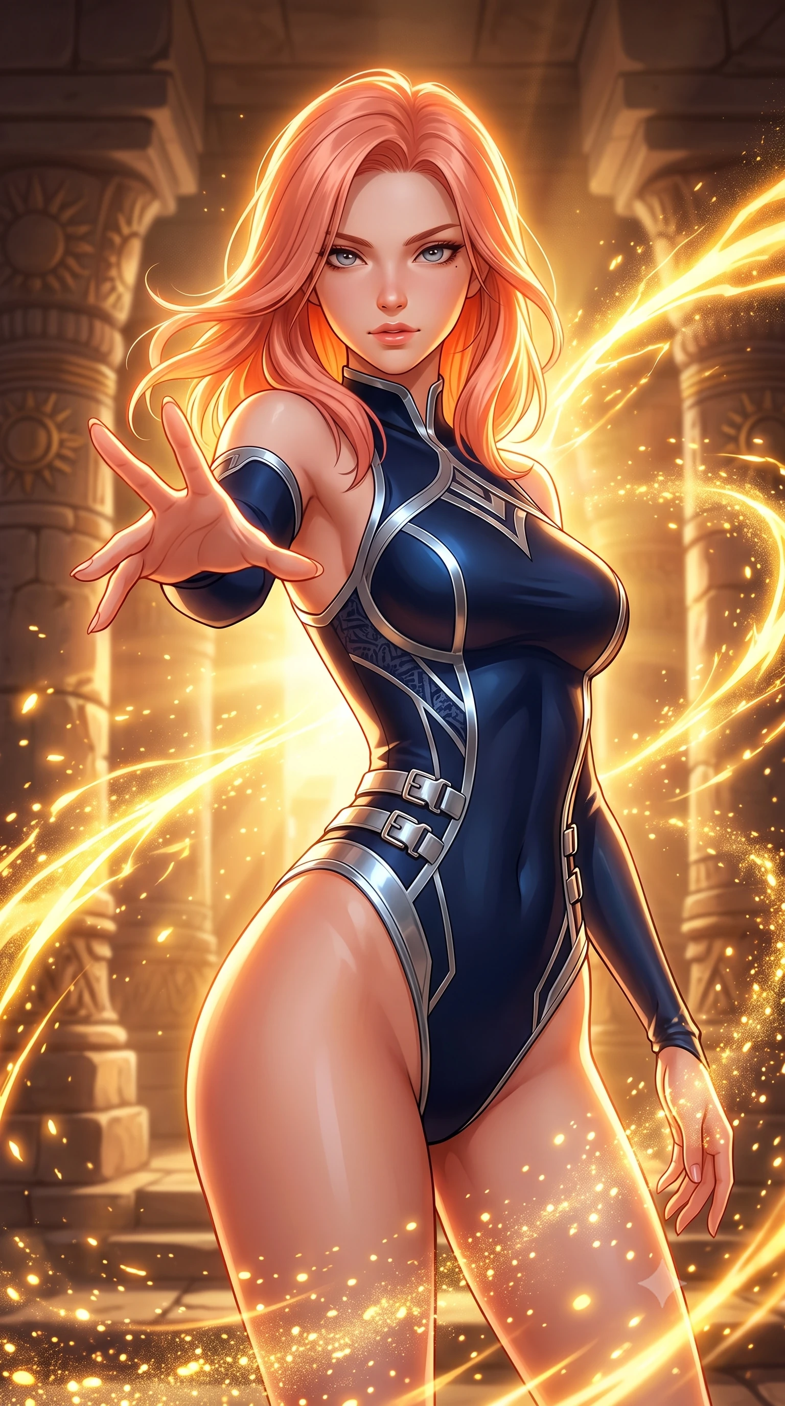 score_9, masterpiece, best quality, ultra-detailed, high-budget anime keyframe, editorial fashion photography, tasteful artistic composition, Japanese woman. close-up cowboy shot from the waist and thighs up, the character dominates the composition, filling the frame with her large presence, background elements kept in soft focus. Reaching her hand gracefully toward the camera with magnetic allure, her torso turning in a dynamic S-curve alignment while forging dynamically through an architectural sun temple as golden energy arcs erupt nearby, glowing solar pollen particles drifting in rapid swirling currents nearby. She has an exceptionally elegant, slender, and willowy female figure with an ultra-slim waist, a gracefully sculpted slender torso, and a refined silhouette. sharp v-shaped jawline, high-bridge nose, intricate jewel-like eyes with depth, thick eyelashes, glossy lips with a natural sheen, flawlessly proportioned anatomical accuracy, natural body alignment, perfectly sculpted elegant limbs, clean dynamic posture without body distortion. wearing an asymmetrical high-cut tech-bodysuit with detached sleeves in midnight navy blue and chrome trim, formed from sleek second-skin neoprene, detailed with polished silver buckles along the waistline, the sleek second-skin texture accentuating her magnetic presence. bathed in glorious golden solar flares and intense warm sunburst backlighting. highly saturated vibrant anime colors, detailed shading with soft gradients, rich glossy textures, high-contrast stereoscopic depth, volumetric dynamic lighting, master piece, 9:16 ratio