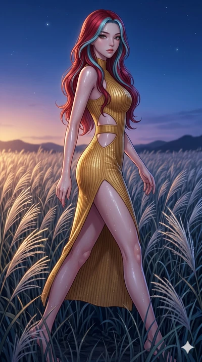 score_9, masterpiece, best quality, ultra-detailed, High-budget Anime Keyframe, East Asian woman. Dynamic full-body shot stretching the vertical silhouette to the limit. Scenario 298: Walking through a field of tall silver grass at twilight. Her pres