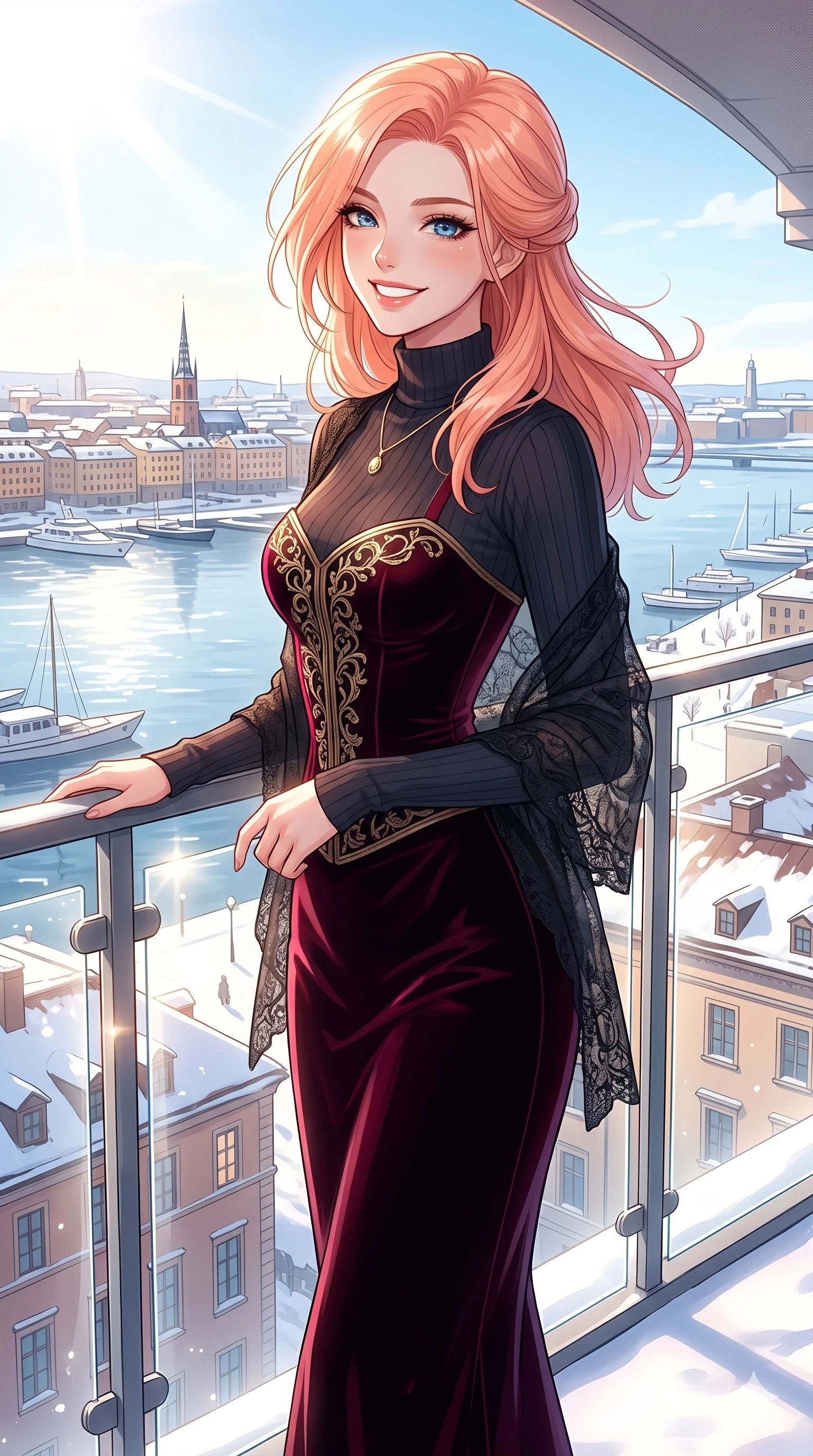 score_9, masterpiece, best quality, ultra-detailed, high-budget anime keyframe, vibrant anime aesthetic, Japanese woman. cowboy shot from the thighs up, character and outfit filling the frame for maximum presence. She is standing tall, looking over her shoulder with a radiant, smiling winter expression on a hotel balcony overlooking a sunny winter harbor (Code-P21-170). She has an absolutely perfect 8-heads proportion, an exceptionally tall and slender female figure with impossibly long slender legs and an ultra-slim waist. V-shaped jawline, high-bridge nose, intricate jewel-like eyes with depth, thick eyelashes, glossy lips with a natural sheen. wearing a dark velvet corset combined with a sheer lace shawl in winter. She is bathed in bright morning sun reflecting off the glass panels, creating a glowing winter aura. 2k, ultra detail, master piece, 9:16 ratio