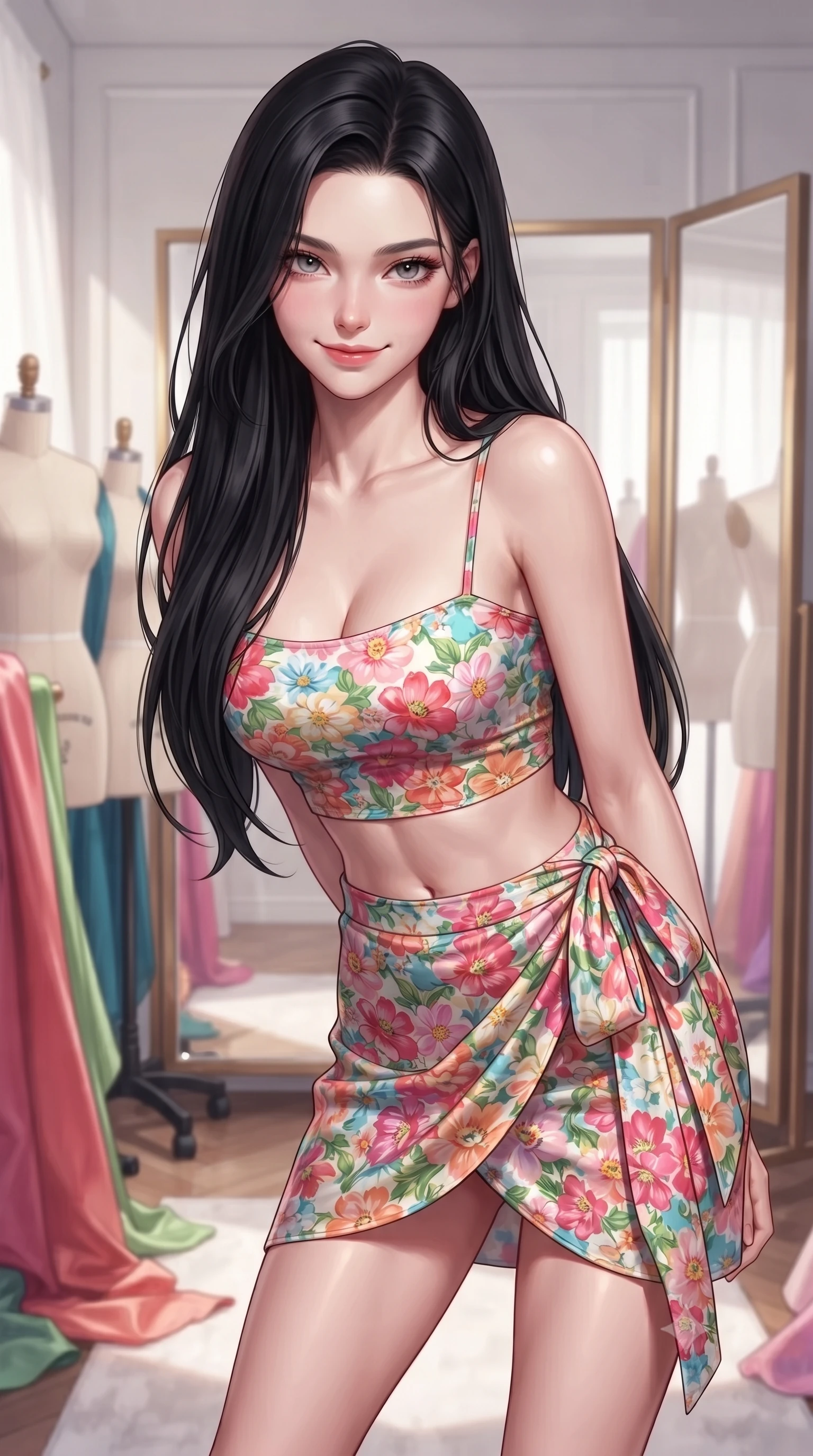 score_9, masterpiece, best quality, ultra-detailed, high-budget anime keyframe, editorial fashion photography, tasteful artistic composition, Korean woman. close-up cowboy shot from the waist and thighs up, the character dominates the composition, filling the frame with her large presence, background elements kept in soft focus. leaning slightly forward with a playful, teasing smile, her gaze locked onto the viewer the background shows a soft-focus a high-fashion atelier studio with dress forms, silk fabric bolts, and full-length mirrors. She has an exceptionally elegant, slender, and willowy female figure with an ultra-slim waist, a gracefully sculpted slender torso, and a refined silhouette. sharp v-shaped jawline, high-bridge nose, intricate jewel-like eyes with depth, thick eyelashes, glossy lips with a natural sheen. wearing a slim-fit summer vacation crop top and wrap skirt set in floral print cotton, showing her slim waist. crisp studio key light highlighting rich glossy textures and tailored seams. highly saturated vibrant anime colors, detailed shading with soft gradients, rich glossy textures, high-contrast stereoscopic depth, volumetric dynamic lighting, master piece, 9:16 ratio