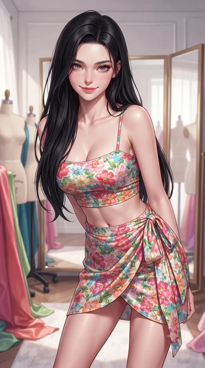 score_9, masterpiece, best quality, ultra-detailed, high-budget anime keyframe, editorial fashion photography, tasteful artistic composition, Korean woman. close-up cowboy shot from the waist and thighs up, the character dominates the composition, fi