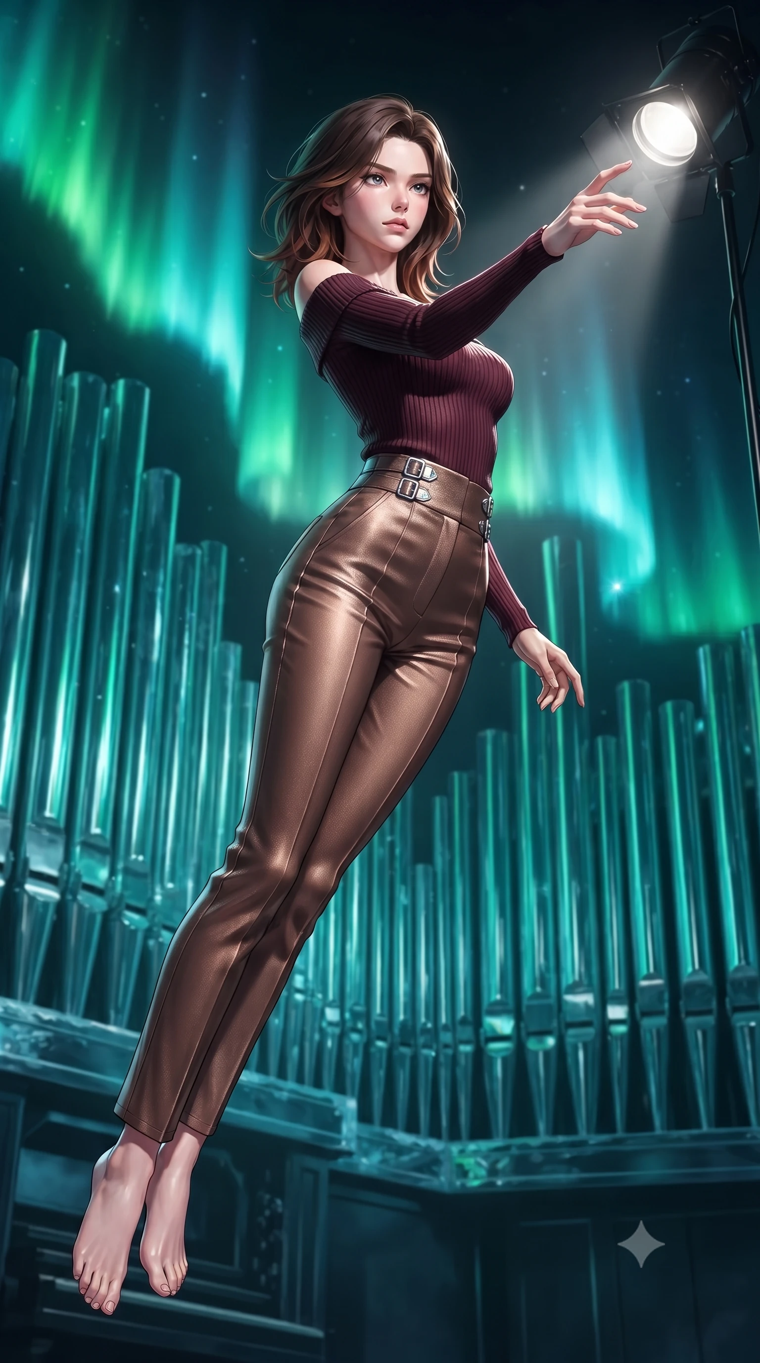 score_9, masterpiece, best quality, ultra-detailed, high-budget anime keyframe, editorial fashion photography, tasteful artistic composition, Korean woman. low angle full-body shot from head to toe showing her feet, filling the entire 9:16 vertical frame with her statuesque presence, stretching her vertical silhouette. performing an athletic mid-air rotation with flawless poise, her vertical silhouette beautifully stretched while reaching her hand forward toward a solitary spotlight isolating her statuesque posture, frozen organ pipes reflecting vivid green and cyan polar aurora lights dynamically. She has an absolutely perfect, statuesque 8.5-heads proportion, an exceptionally tall and slender model-like female figure with impossibly long slender legs and an ultra-slim waist. sharp v-shaped jawline, high-bridge nose, intricate jewel-like eyes with depth, thick eyelashes, glossy lips with a natural sheen, flawlessly proportioned anatomical accuracy, natural body alignment, perfectly sculpted elegant limbs, clean dynamic posture without body distortion. wearing a sleek off-shoulder ribbed knit top paired with high-waist tailored pants in deep burgundy and bronze, woven from fine semi-opaque sheer organza, detailed with polished silver buckles along the waistline, the tailored fabric tightly following every curve of her athletic build. illuminated by dramatic opera key lights with ultra-bright specular highlights. ultra-reflective glossy finish, specular highlights, metallic sheen, high-contrast stereoscopic depth, volumetric dynamic lighting, 2k, ultra detail, master piece, 9:16 ratio