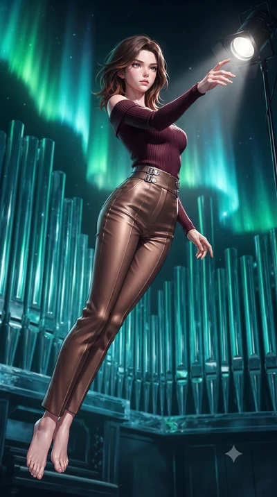 score_9, masterpiece, best quality, ultra-detailed, high-budget anime keyframe, editorial fashion photography, tasteful artistic composition, Korean woman. low angle full-body shot from head to toe showing her feet, filling the entire 9:16 vertical f
