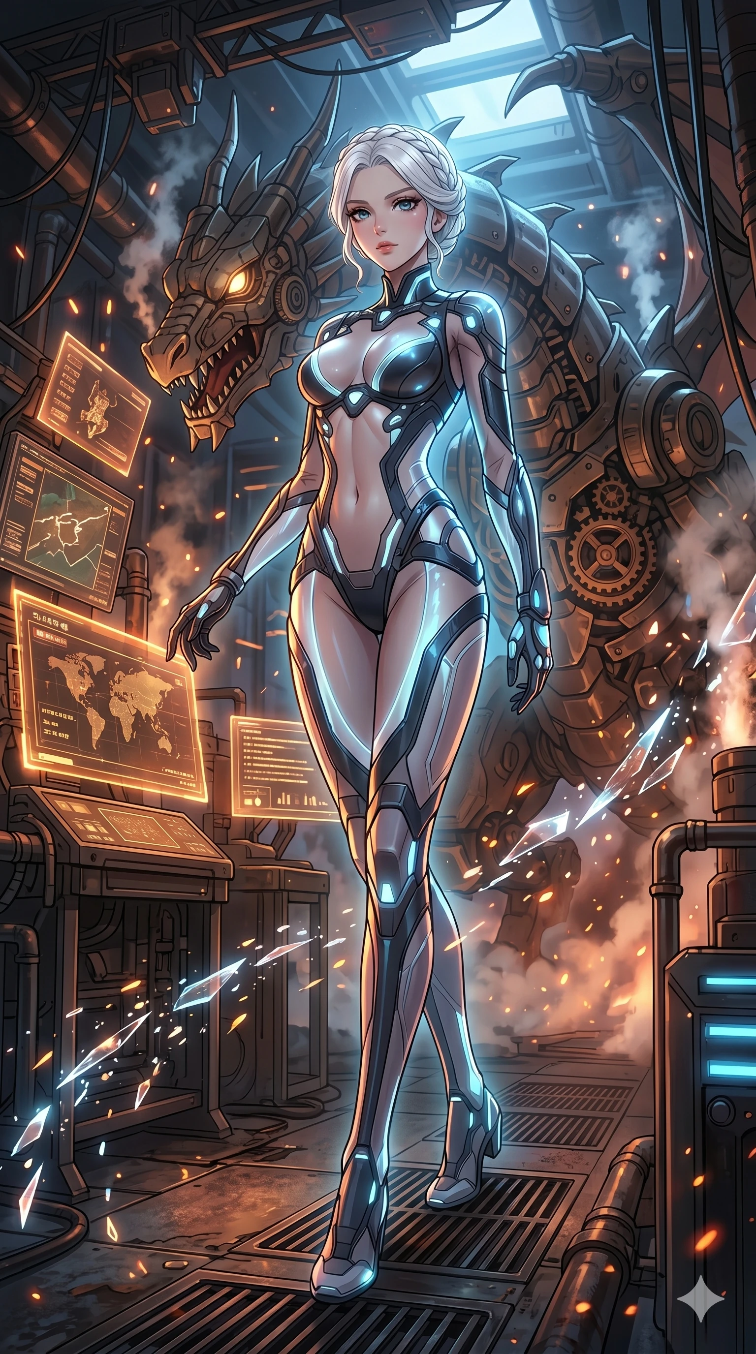 score_9, masterpiece, best quality, ultra-detailed, High-budget Anime Keyframe, vibrant colors, fluid line-art, expressive lighting, cinematic composition, Ufotable-style visual effects, top-tier animation quality, Japanese woman with delicate and elegant anime-inspired features. Wide-angle low shot emphasizing her impossibly long slender legs and commanding stature. Staring down a colossal mechanical dragon within a sprawling steampunk workshop, steam and embers filling the air. She has an absolutely perfect 8-heads proportion, an exceptionally tall and slender female figure with impossibly long slender legs and an ultra-slim waist, her statuesque height and towering silhouette dominating the vertical 9:16 frame. Her face is a masterpiece featuring a sharp v-shaped jawline, high-bridge nose, intricate jewel-like eyes with depth, thick eyelashes, and glossy lips with a natural sheen. She is wearing a Futuristic pilot suit with an exposed midriff and a high-cut structural frame crafted from Bioluminescent silk that emits a soft, ethereal glow from within the fabric, with sheer fabric transparency over her delicate curves and a high-cut silhouette. The scene is set in an underground rebel bunker with flickering holographic screens and tactical maps, illuminated by dynamic strobe effects that capture her movement in a series of sharp fragments. 2k, ultra detail, master piece, 9:16 ratio