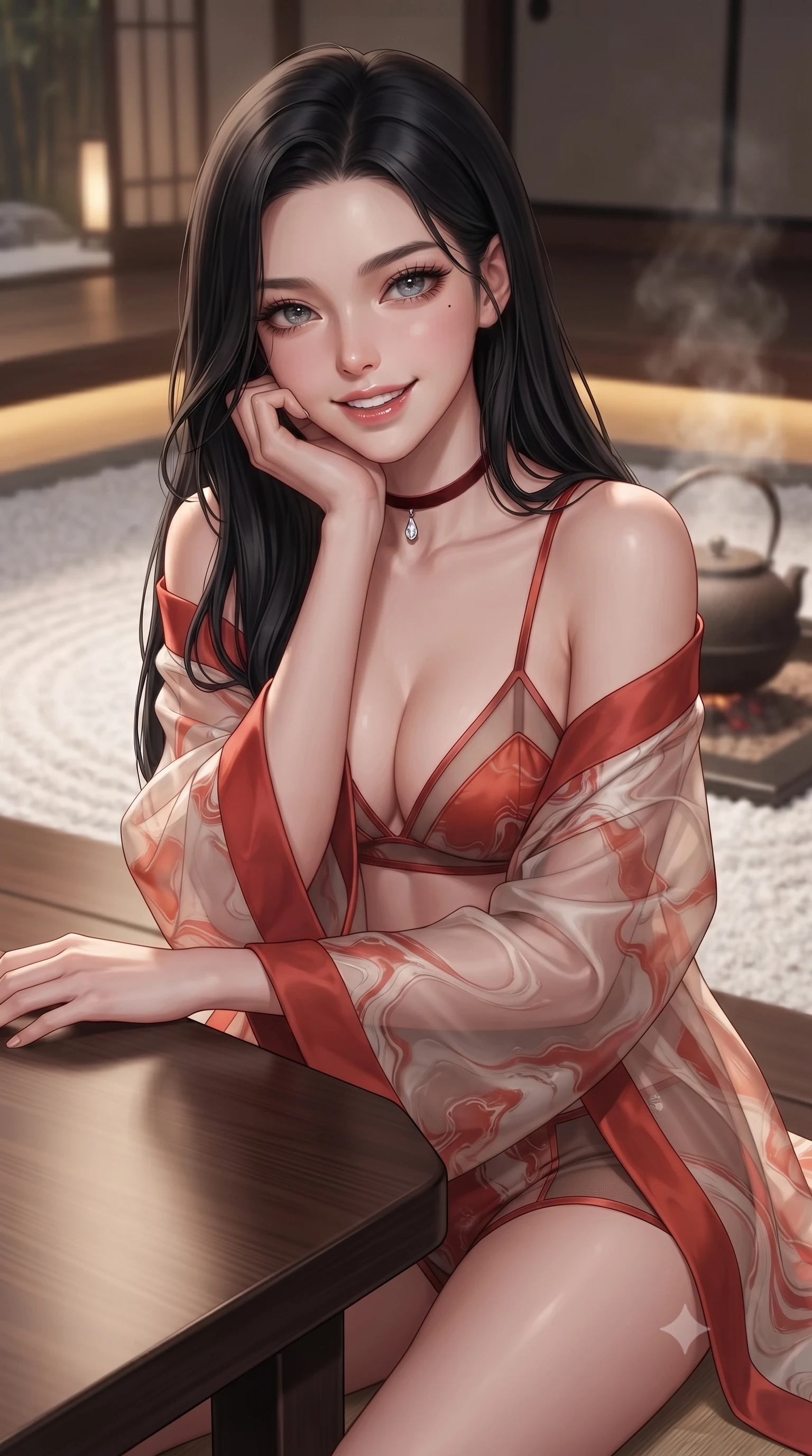 score_9, masterpiece, best quality, ultra-detailed, high-budget anime keyframe, editorial fashion photography, tasteful artistic composition, Korean woman. close-up cowboy shot from the waist and thighs up, the character dominates the composition, filling the frame with her large presence. resting one elbow on the table and supporting her chin, leaning close to the camera with heavy-lidded sparkling eyes and parted lips while twisting her slender torso in an alluring S-curve beside the raked white gravel garden, warm tatami cove light caressing her narrow waist and hips. The background shows a soft-focus gentle steam rising from a cast-iron tetsubin kettle softened in contemporary Japanese architectural haven shallow focus. She has an exceptionally elegant, slender, and willowy female figure with an ultra-slim waist, flat toned midriff, narrow ribcage, and sculpted feminine hips creating an alluring, slim hourglass silhouette without bulk. sharp v-shaped jawline, high-bridge nose, intricate jewel-like sparkling eyes with depth, thick eyelashes, glossy parted lips with a natural peach sheen, bright cheerful beaming smile with an enchanting and coquettish sensual glint, exuding both youthful cute charm and seductive allure, flawlessly proportioned anatomical accuracy, strict slender model proportions, natural body alignment, perfectly sculpted long slender limbs, ultra-slim waistline, clean dynamic posture without body distortion. wearing a sheer silk organza modern kimono robe worn loose and slipping off bare shoulders over a matching satin bralette and micro-shorts in Cordoba vermilion red and ivory alabaster marble, featuring strategic sheer-illusion tulle side panels framing her ribcage and hips, finished with a thin velvet ribbon choker and a single teardrop diamond pendant, the form-contouring silhouette accentuating her sculpted flat midriff, narrow delicate ribcage, and gracefully curvy hips with intoxicating allure. bathed in the warm 2700K indirect cove illumination concealed beneath floating cedar steps and bamboo uplights. ultra-reflective glossy finish, specular highlights, rich textural contrasts, high-contrast stereoscopic depth, volumetric dynamic lighting, 2k, ultra detail, master piece, 9:16 ratio
