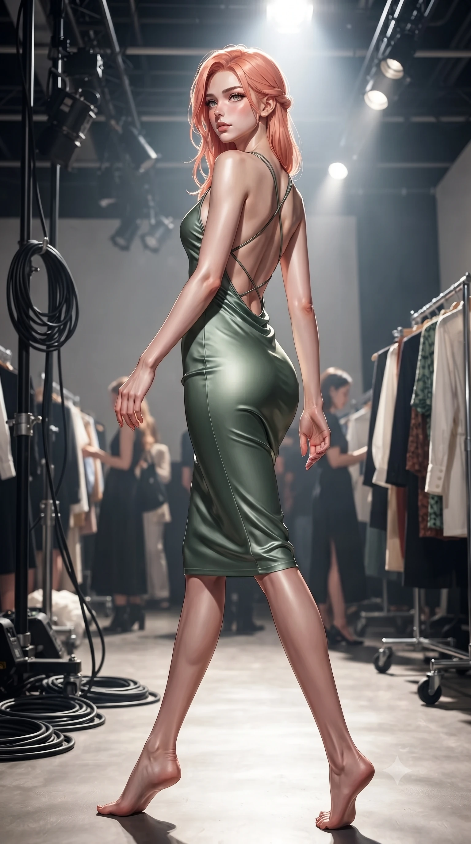 score_9, masterpiece, best quality, ultra-detailed, high-budget anime keyframe, editorial fashion photography, tasteful artistic composition, Japanese woman. low angle full-body shot from head to toe showing her feet, filling the entire 9:16 vertical frame with her statuesque presence, stretching her vertical silhouette. stepping gracefully while looking back over her shoulder, her dress draped tightly to reveal her silhouette the background shows a soft-focus an avant-garde fashion runway backstage with industrial lighting rigs and clothing racks. She has an absolutely perfect, statuesque 8.5-heads proportion, an exceptionally tall and slender model-like female figure with impossibly long slender legs and an ultra-slim waist. sharp v-shaped jawline, high-bridge nose, intricate jewel-like eyes with depth, thick eyelashes, glossy lips with a natural sheen. wearing a body-hugging lightweight silk sundress in sage green with a dramatic open-back and thin criss-cross straps. dramatic high-contrast spotlighting casting sharp back shadows. ultra-reflective glossy finish, specular highlights, metallic sheen, high-contrast stereoscopic depth, volumetric dynamic lighting, 2k, ultra detail, master piece, 9:16 ratio