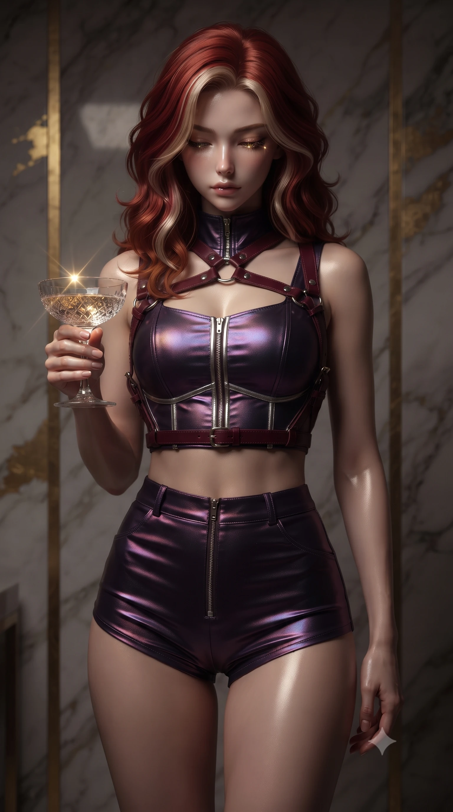 score_9, masterpiece, best quality, ultra-detailed, high-budget anime keyframe, editorial fashion photography, tasteful artistic composition, Caucasian woman. close-up cowboy shot from the waist and thighs up, the character dominates the composition, filling the frame with her large presence, background elements kept in soft focus. Looking down with lowered lashes and a composed, powerful dark aura, holding a crystal champagne coupe as soft golden light catches the liquid, gold leaf accents on marble walls glinting under specular highlights. She has an exceptionally elegant, slender, and willowy female figure with an ultra-slim waist, a gracefully sculpted slender torso, and a refined silhouette. sharp v-shaped jawline, high-bridge nose, intricate jewel-like eyes with depth, thick eyelashes, glossy lips with a natural sheen. wearing high-cut micro-shorts and crop top set with dark leather harness in deep crimson burgundy, made of iridescent dark violet taffeta, finished with metallic silver boning and sleek zipper points, following her slender form with tailored precision. surrounded by moody chiaroscuro with sharp specular glints on glass and skin. ultra-reflective glossy finish, specular highlights, metallic sheen, high-contrast stereoscopic depth, volumetric dynamic lighting, 2k, ultra detail, master piece, 9:16 ratio