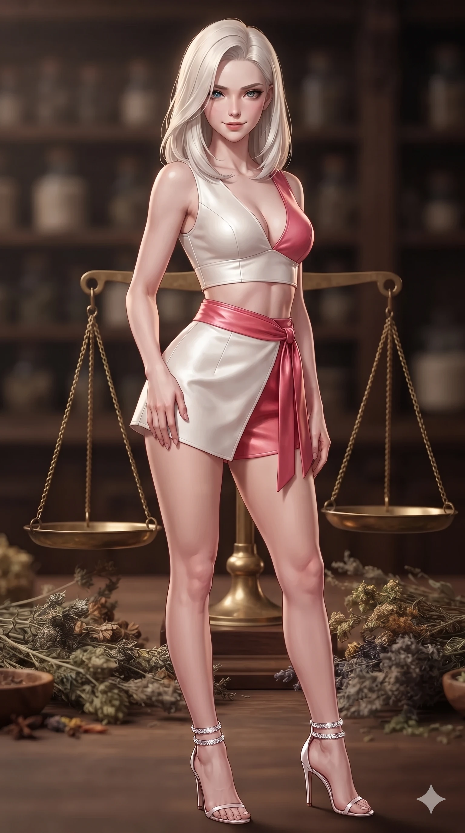 score_9, masterpiece, best quality, ultra-detailed, high-budget anime keyframe, editorial fashion photography, tasteful artistic composition, Caucasian woman. close-up cowboy shot from the waist and thighs up, the character dominates the composition, filling the frame with her large presence. tilting her head with a teasing half-smile, running one hand slowly down the side of her hip in a flirtatious S-curve as ambient light caresses her silhouette while twisting her slender torso in an alluring contrapposto stance, brass balance scale and dried herbs framing her flat midriff and hips. The background shows a soft-focus antique Victorian apothecary softened in atmospheric interior shallow focus. She has an exceptionally elegant, slender, and willowy female figure with an ultra-slim waist, flat toned midriff, narrow ribcage, and sculpted feminine hips creating an alluring, slim hourglass silhouette without bulk. sharp v-shaped jawline, high-bridge nose, sparkling eyes with hypnotic seductive depth, thick curled eyelashes, glossy parted lips with a natural dewy peach sheen, alluring bedroom-eyes with an enchanting coquettish smile, exuding magnetic siren charisma and sophisticated glamour, flawlessly proportioned anatomical accuracy, strict slender model proportions, natural body alignment, perfectly sculpted long slender limbs, ultra-slim waistline, clean dynamic posture without body distortion. wearing a deep V-neck linen crop top paired with high-waisted wrap shorts and a matching sash in pure snow white and vivid cherry blossom crimson, made of supple butter-soft lambskin leather with a subtle satin sheen, complemented by strappy stiletto sandals with crystal ankle wraps accentuating her slender calves, the bespoke structured tailoring following the natural line of her 8.5-heads silhouette with refined elegance. illuminated by polished walnut counter bounce and sharp bronze-topaz rim lights sculpting her razor-sharp jawline, narrow waist, and curvy hips. ultra-reflective glossy finish, specular highlights, rich textural contrasts, high-contrast stereoscopic depth, volumetric dynamic lighting, 2k, ultra detail, master piece, 9:16 ratio