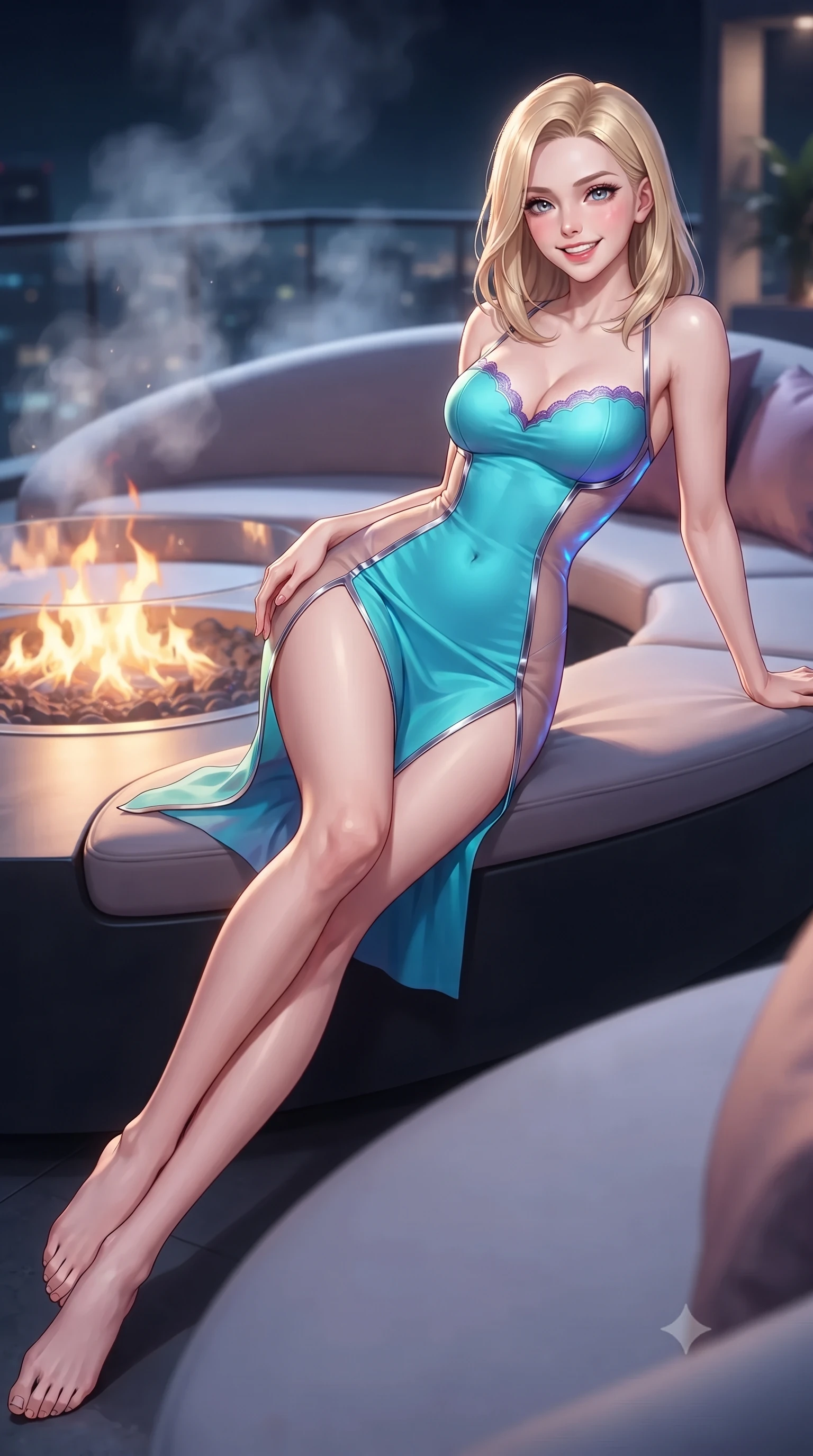 score_9, masterpiece, best quality, ultra-detailed, high-budget anime keyframe, editorial fashion photography, tasteful artistic composition, Korean woman. low angle full-body shot from head to toe showing her feet, filling the entire 9:16 vertical frame with her statuesque presence, stretching her vertical silhouette. reclining gracefully across the plush chaise lounge with one leg extended, her sculpted silhouette and flat midriff radiating magnetic nocturnal glamour while twisting her slender torso in an alluring contrapposto stance beside the sunken fire table, electric blue billboard reflections dancing across her narrow waist and curvy hips. The background shows a soft-focus wisps of rooftop exhaust steam softened in ultra-luxury cyberpunk penthouse shallow focus. She has an exceptionally tall and slender model-like 8.5-heads proportion, an ultra-slim waist, a flat toned midriff, narrow delicate ribcage, and beautifully sculpted feminine hips creating a graceful, slim hourglass silhouette without any bulky heaviness, with impossibly long slender legs. sharp v-shaped jawline, high-bridge nose, intricate jewel-like sparkling eyes with depth, thick eyelashes, glossy parted lips with a natural peach sheen, bright cheerful beaming smile with an enchanting and coquettish sensual glint, exuding both youthful cute charm and seductive allure, flawlessly proportioned anatomical accuracy, strict slender model proportions, natural body alignment, perfectly sculpted long slender limbs, ultra-slim waistline, clean dynamic posture without body distortion. wearing a provocative open-waist cutout mini dress framed by polished chrome hardware and thigh-high slit in Cheonggyecheon neon aqua and ultraviolet amethyst, featuring strategic sheer-illusion tulle side panels framing her ribcage and hips, finished with scalloped eyelash lace trim framing her sweetheart neckline with intimate elegance, the second-skin tailored fabric adhering flawlessly to her sculpted flat midriff and slender torso, emphasizing her long leg lines and perfectly proportioned willowy build. bathed in the dynamic multi-colored ambient glow of mammoth holographic billboards contrasted with warm fire pit flames. ultra-reflective glossy finish, specular highlights, rich textural contrasts, high-contrast stereoscopic depth, volumetric dynamic lighting, 2k, ultra detail, master piece, 9:16 ratio