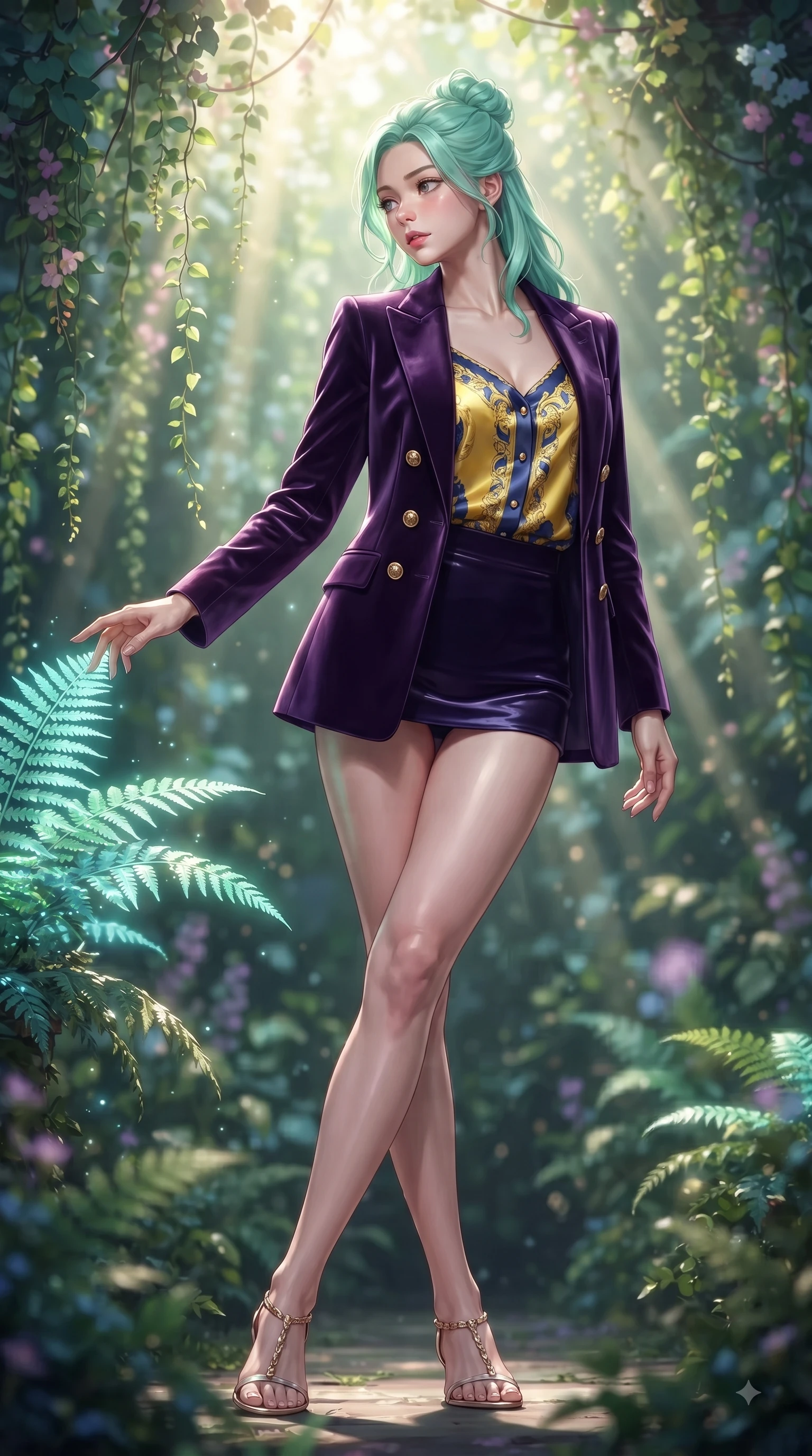 score_9, masterpiece, best quality, ultra-detailed, high-budget anime keyframe, editorial fashion photography, tasteful artistic composition, Japanese woman. low angle full-body shot from head to toe showing her feet, filling the entire 9:16 vertical frame with her statuesque presence, stretching her vertical silhouette. Tender lingering expression with a quiet reluctant backward glance, as if hesitating to leave the moment while reaching out elegantly to touch a bioluminescent fern leaf under streaming sunbeams. The composition keeps background elements in soft focus with dreamy bokeh. cascading botanical vines creating a soft, organic blurred background depth. She has an absolutely perfect, statuesque 8.5-heads proportion, an exceptionally tall and slender model-like female figure with impossibly long slender legs and an ultra-slim waist. sharp v-shaped jawline, high-bridge nose, intricate jewel-like eyes with depth, thick eyelashes, glossy lips with a natural sheen, flawlessly proportioned anatomical accuracy, natural body alignment, perfectly sculpted elegant limbs, clean dynamic posture without body distortion. wearing a deep amethyst purple velvet blazer over a silky champagne camisole in sunflower yellow and royal navy blue, tailored from crisp high-density cotton poplin, finished with gold metallic hardware buttons along the front, the form-contouring material accentuating her ultra-slim waist and long lines. surrounded by a lush, vibrant, and enchanting garden editorial ambiance. ultra-reflective glossy finish, specular highlights, metallic sheen, high-contrast stereoscopic depth, volumetric dynamic lighting, 2k, ultra detail, master piece, 9:16 ratio