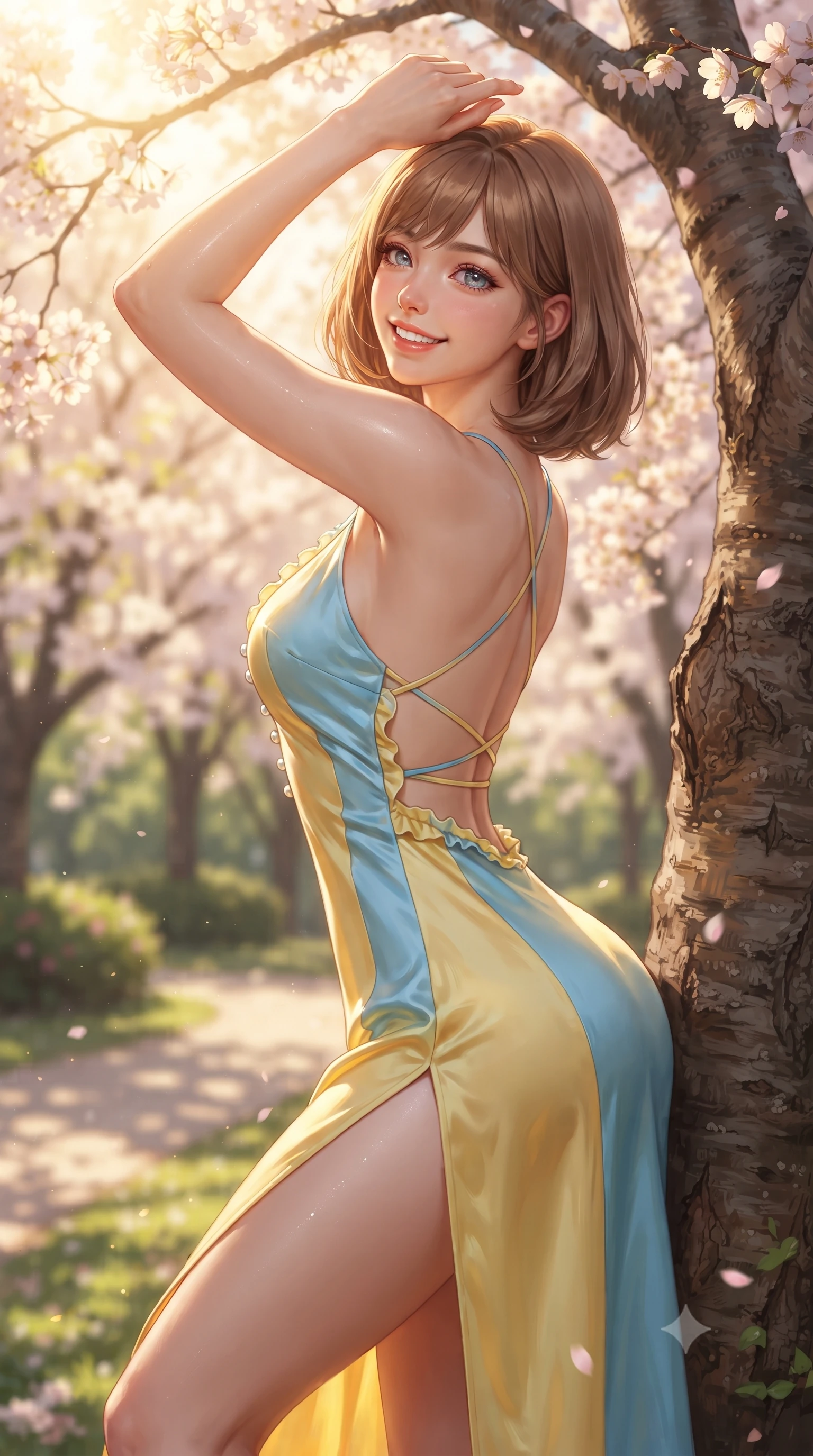 score_9, masterpiece, best quality, ultra-detailed, high-budget anime keyframe, editorial fashion photography, tasteful artistic composition, Caucasian woman. close-up cowboy shot from the waist and thighs up, the character dominates the composition, filling the frame with her large presence. playfully stretching one arm overhead toward the sun, her radiant smile capturing fresh girlhood charm while her arched torso reveals an intoxicating hip contour while leaning against a flowering cherry tree trunk with hips cocked back, looking over a bare shoulder with an enchanting, playful girlhood charm. The surrounding environment is rendered in vivid detail and crisp panoramic clarity. detailed knit top texture, warm sun glints on skin, and park landscape clarity in high resolution. She has an exceptionally elegant, slender, and willowy female figure with an ultra-slim waist, flat toned midriff, narrow ribcage, and sculpted feminine hips creating an alluring, slim hourglass silhouette without bulk. sharp v-shaped jawline, high-bridge nose, intricate jewel-like sparkling eyes with depth, thick eyelashes, glossy parted lips with a natural peach sheen, bright cheerful beaming smile with an enchanting and coquettish sensual glint, exuding both youthful cute charm and seductive allure, flawlessly proportioned anatomical accuracy, strict slender model proportions, natural body alignment, perfectly sculpted long slender limbs, ultra-slim waistline, clean dynamic posture without body distortion. wearing a breezy silk-satin slip dress featuring a thigh-high side slit ascending to the high hip and criss-cross back straps in sunny daffodil yellow and clear sky blue, crafted from soft cozy cashmere yarn with an airy drape, finished with subtle ruffle trims and delicate pearl buttons, the glove-like silhouette tightly following the natural contour of her hips and long slender legs with youthful 8.5-heads elegance. bathed in warm, golden spring morning sunlight streaming through flowering tree canopies. ultra-reflective glossy finish, specular highlights, rich textural contrasts, high-contrast stereoscopic depth, volumetric dynamic lighting, 2k, ultra detail, master piece, 9:16 ratio