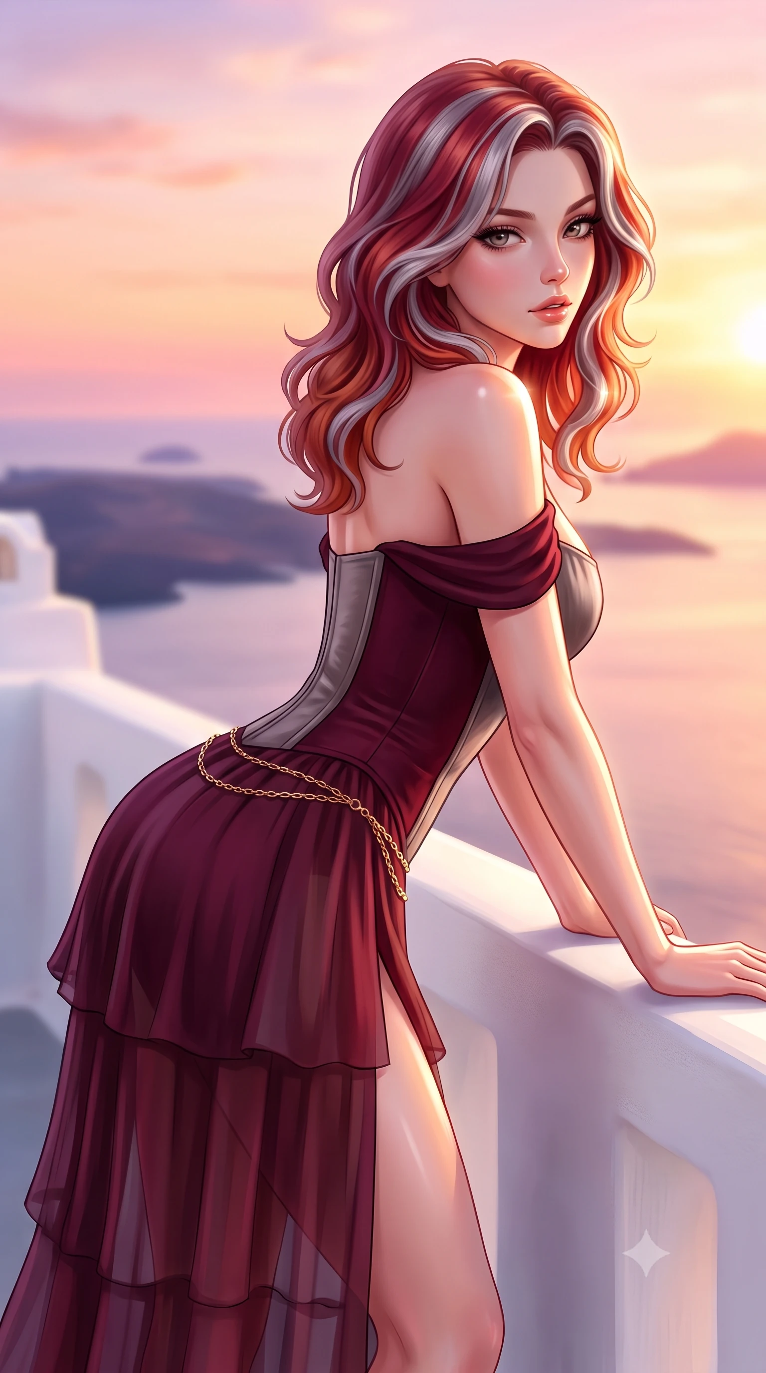 score_9, masterpiece, best quality, ultra-detailed, high-budget anime keyframe, semi-realistic 3D game render, editorial fashion photography, tasteful artistic composition, Caucasian woman. close-up cowboy shot from the waist and thighs up, the character dominates the composition, filling the frame with her large presence. leaning back with relaxed seductive grace, her sculpted collarbones and narrow waist highlighted as she casts smoldering bedroom-eyes directly into the camera while leaning forward over the pristine whitewashed cliffside balustrade with hips cocked back, looking back over her shoulder as pink sunset floods the caldera. The composition keeps background elements in soft focus with creamy bokeh. endless Aegean caldera sea and volcanic island silhouettes blurred into pastel peach, violet, and molten gold bokeh. She has an exceptionally elegant, slender, and willowy female figure with an ultra-slim waist, flat toned midriff, narrow ribcage, and sculpted feminine hips creating an alluring, slim hourglass silhouette without bulk. sharp v-shaped jawline, high-bridge nose, intricate jewel-like eyes with depth, thick eyelashes, glossy parted lips with a natural sheen, intensely captivating and seductive bedroom-eyes expression, flawlessly proportioned anatomical accuracy, strict slender model proportions, natural body alignment, perfectly sculpted long slender limbs, ultra-slim waistline, clean dynamic posture without body distortion. wearing an off-shoulder French court corset bodice dress paired with a tiered translucent chiffon slit skirt in deep wine burgundy and brushed dark platinum, made of fluid silk crepe with delicate inner corsetry boning, accented with a delicate gold chain belt resting loosely on her curvy hips, the second-skin form-contouring cut accentuating her sculpted flat midriff, narrow delicate ribcage, and gracefully curvy hips with supermodel precision. illuminated by glowing specular sun glints defining her sculpted collarbones, narrow waist, and rounded hips. highly saturated vibrant anime colors, detailed shading with soft gradients, rich glossy textures, high-contrast stereoscopic depth, volumetric dynamic lighting, master piece, 9:16 ratio